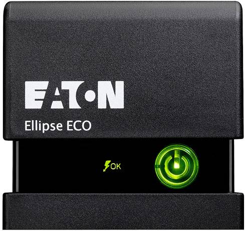 Zwart Eaton Ellipse ECO-apparaat met verlichte groene aan-/uittoets en 'OK'-symbool.
