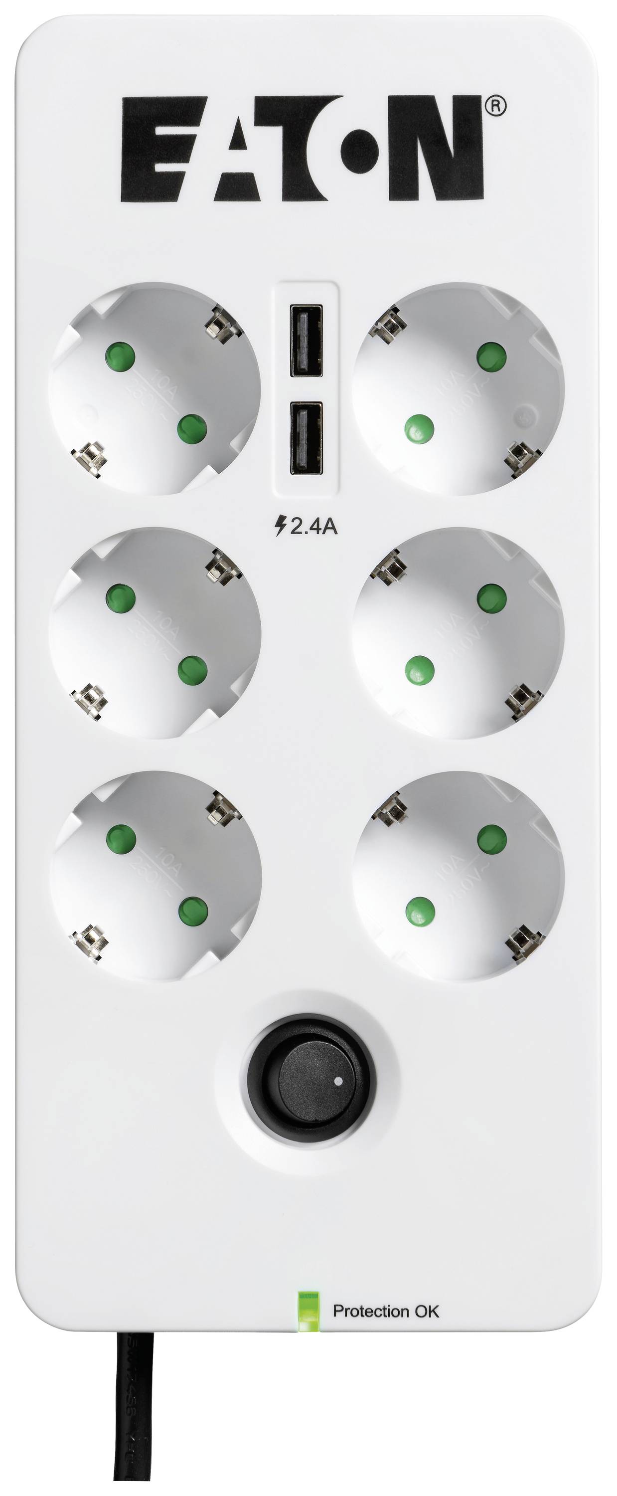 Een witte stekkerdoos met zes stopcontacten en twee USB-poorten, merk 'EATON', toont groene lampjes voor beschermingsstatus.