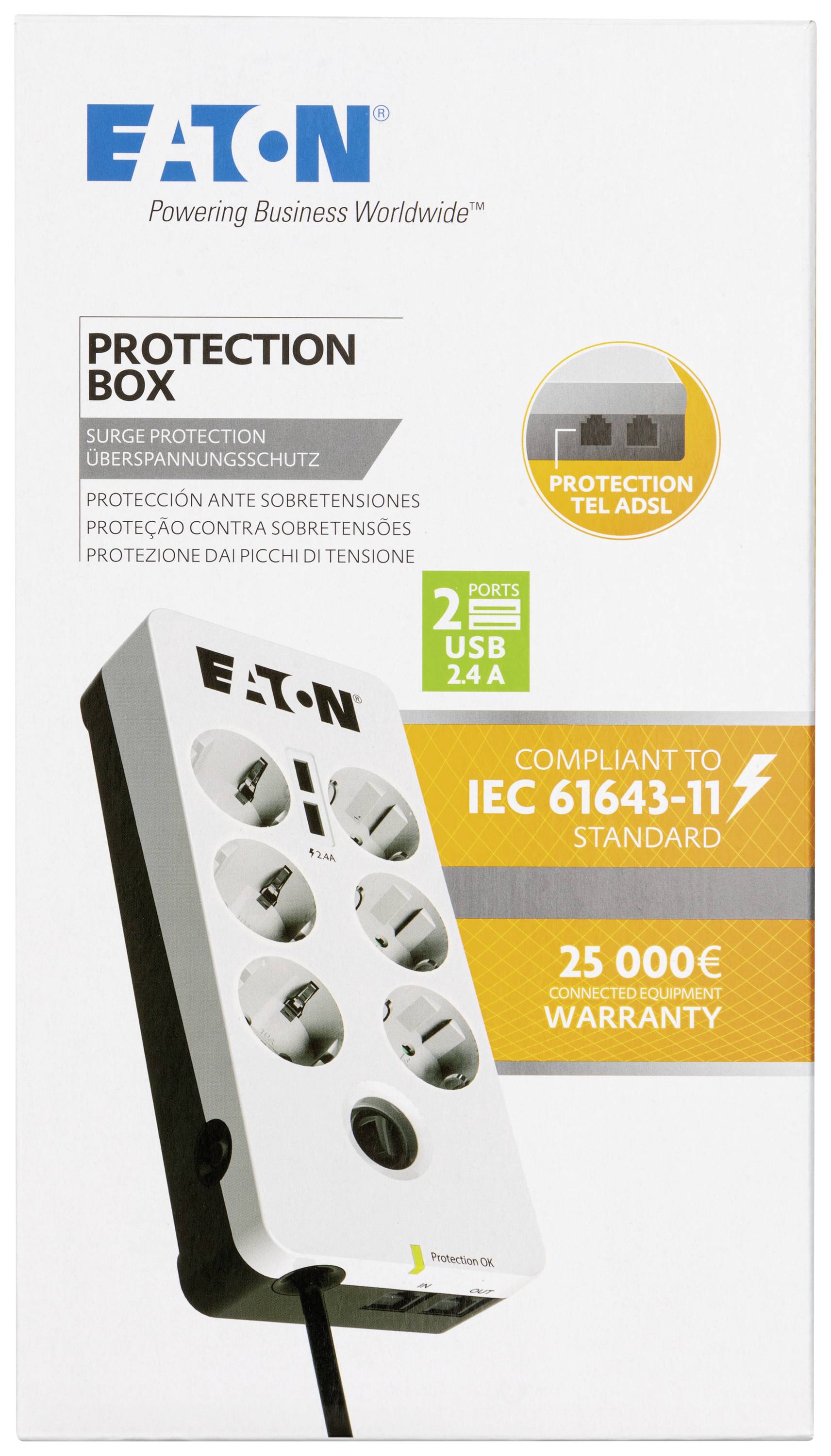'Overspanningsbeveiliging. 2 USB-poorten, compatibel met IEC 61643-11 standaard, 25.000 EUR apparaatvervangende verzekering.'