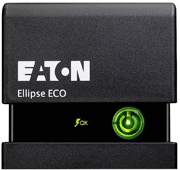 Een zwart apparaat met het opschrift 'Eaton Ellipse ECO' en een helder groen aan-symbool toont de bedrijfsstatus 'OK'.