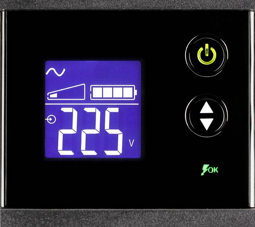 Digitaal display van een apparaat toont '225 V', met symbolen voor batterij en aan/uit-schakelaar. Display is blauw verlicht, toets is groen.