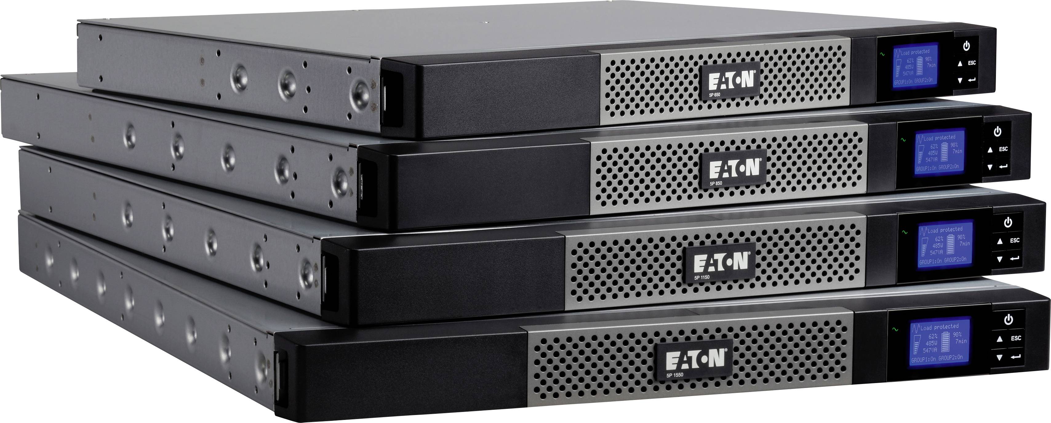 Vier gestapelde, zwarte Eaton-rack-eenheden met digitaal display rechts.