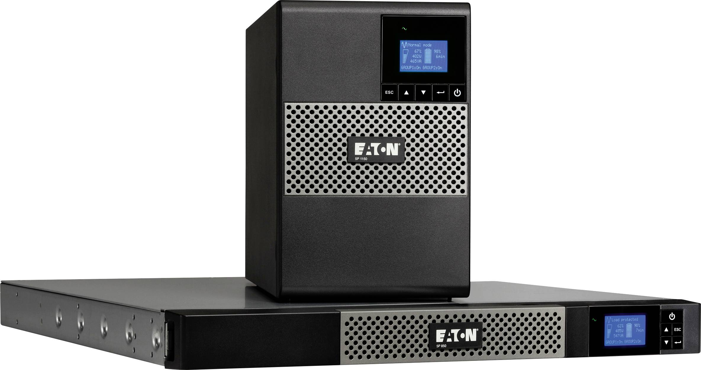 Twee onderbrekingsvrije stroomvoorzieningsmiddelen (UPS) van Eaton, één groter en staand, de andere platter en liggend, met digitale displays.