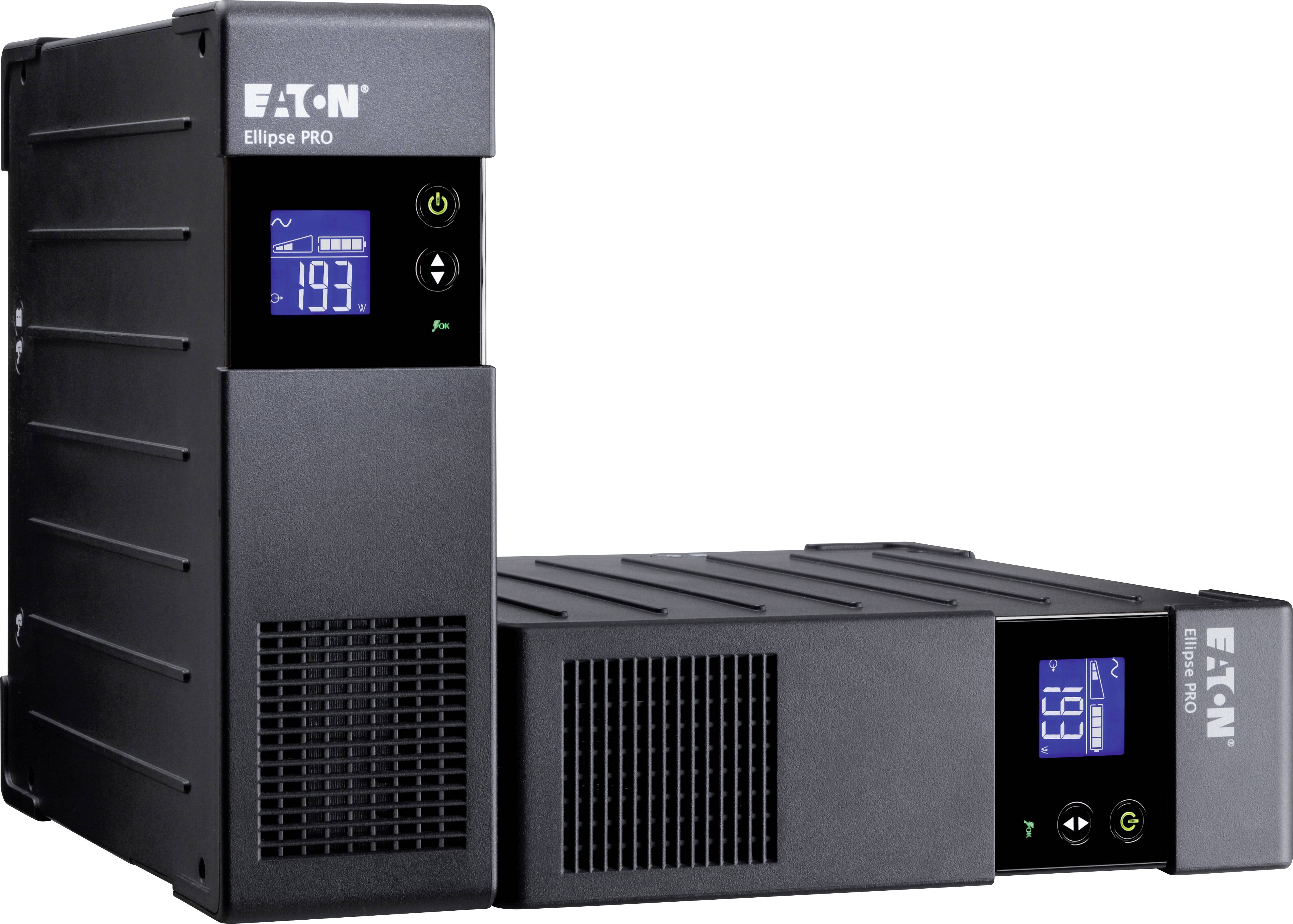 Twee onderbrekingsvrije stroomvoorzieningsapparaten (UPS) van het merk Eaton met digitaal display. Display toont spanning en waarschuwingssymbolen.