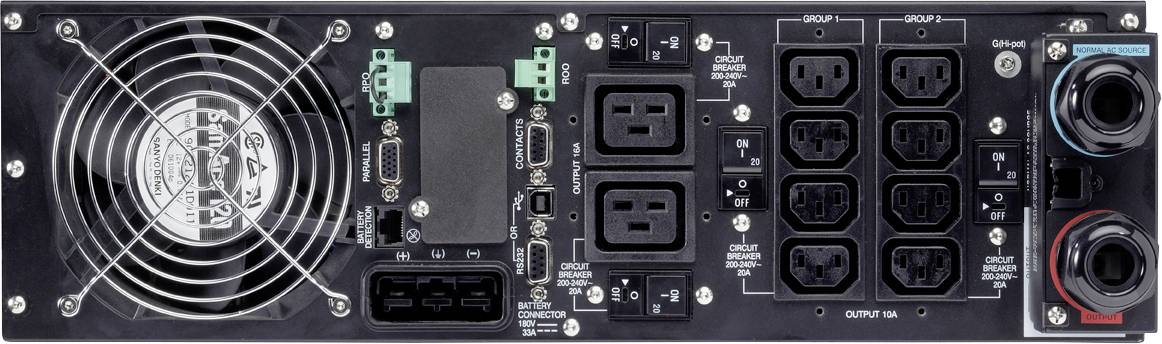 Achterkant van een computervoeding met ventilator, meerdere stopcontacten en aansluitingen.