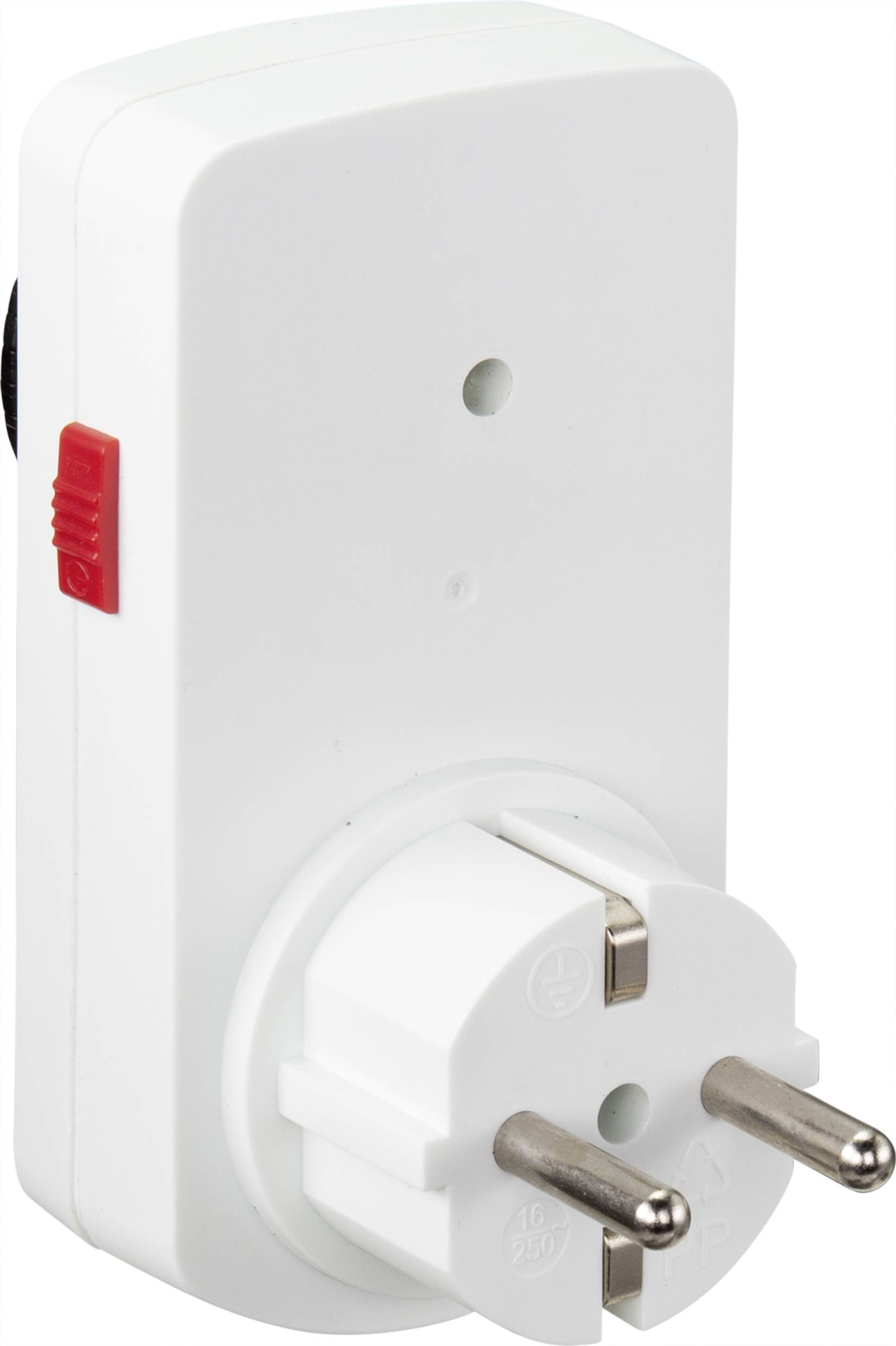Een witte reisadapter met Eurostekker, geschikt voor Europese stopcontacten. Heeft een rode schuifschakelaar aan de zijkant.