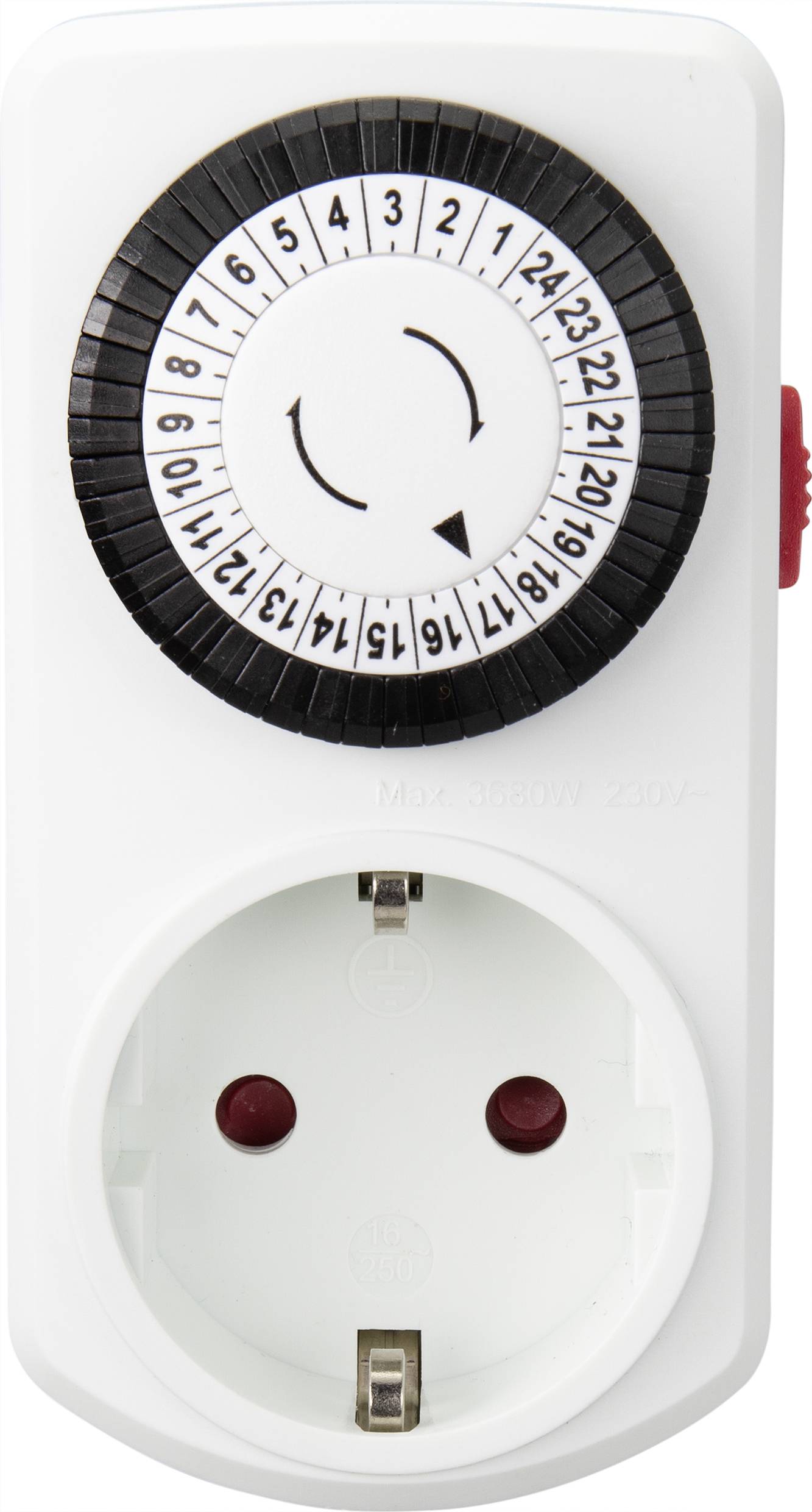 Een analoge tijdschakelklok met een zwarte draaiknop voor tijdinstelling en een wit stopcontact eronder voor stroomregeling.