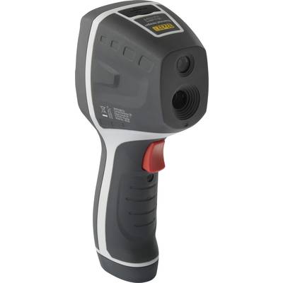 Handthermometer met een tweede, grotere sensor bovenaan en een rode drukknop in het midden van het zwarte handvat.