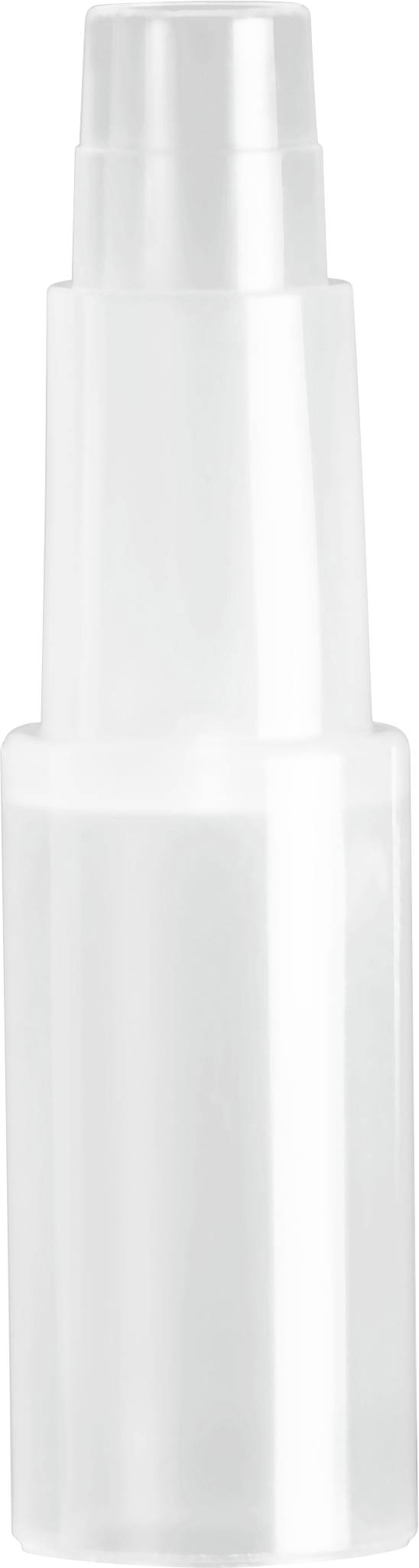 Een transparante, lege kunststof spuitfles, geschikt voor het bewaren van vloeistoffen of cosmetica.