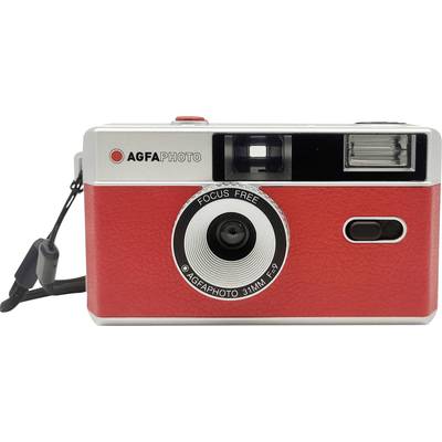 Rode AgfaPhoto compactcamera met flitser en draaglus.