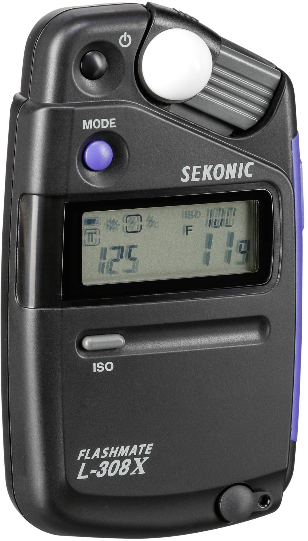 Een lichtmeter van het merk Sekonic, model L-308X, met een digitaal display dat belichtingswaarden weergeeft.