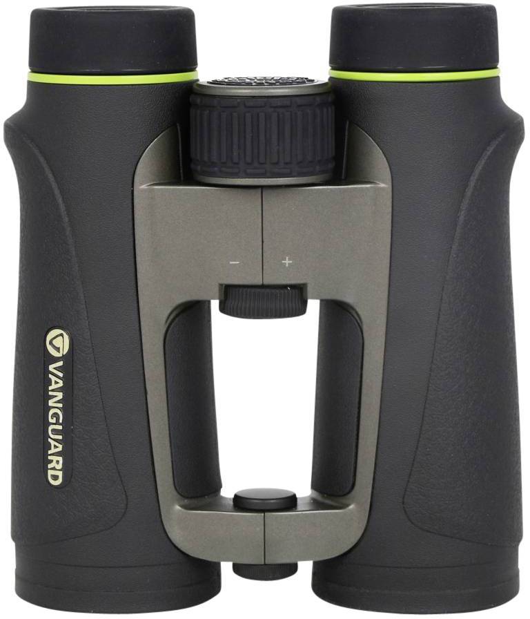 Verrekijker van Vanguard in zwart met groene accent. Duaal optisch ontwerp met centraal scherpstelwiel en dioptrie-instelling.