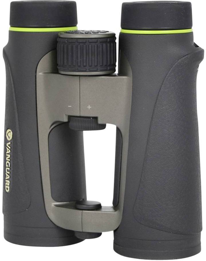 Verrekijker met zwarte en grijze behuizing, toont het merklogo. Perfect voor buitenactiviteiten en vogelspotten.