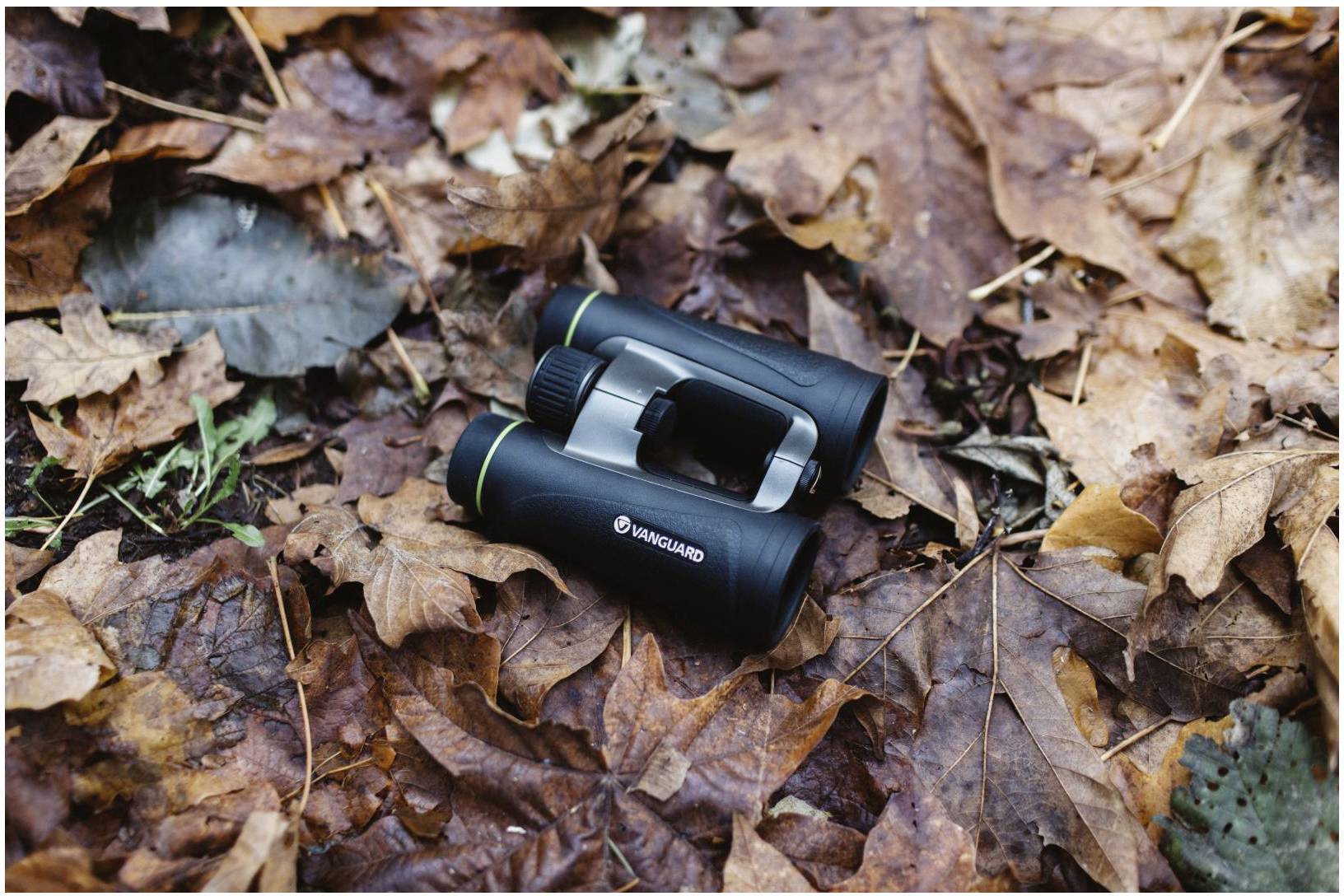 Verrekijker ligt op een bed van herfstbladeren.