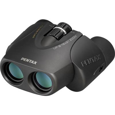 Zwarte Pentax verrekijker met blauwe lenzen en zoomfunctie, illustreert hoogwaardige optiek voor observaties.