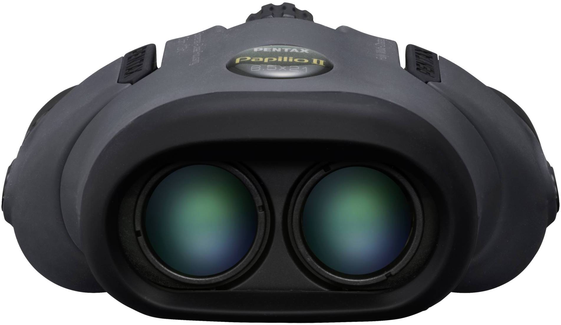 Verrekijker in het zwart, Model 'Pentax Papilio II', met twee grote lenzen, vooraanzicht.
