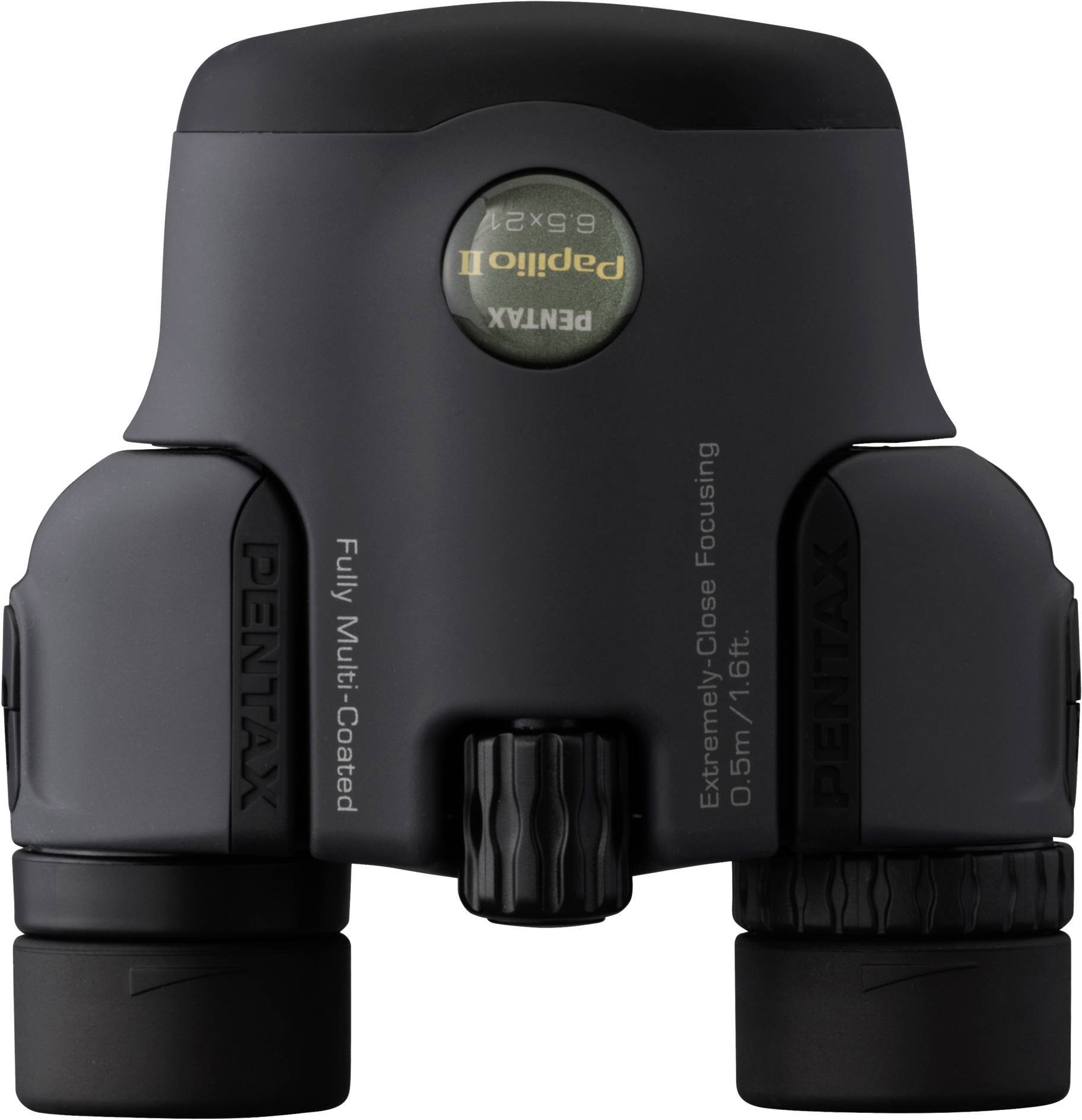 Verrekijker met opschrift 'Pentax Papilio II 8.5x21', zwart, compact, met meerdere coatings en nabijheidsfocusfunctie vanaf 0,5 m.