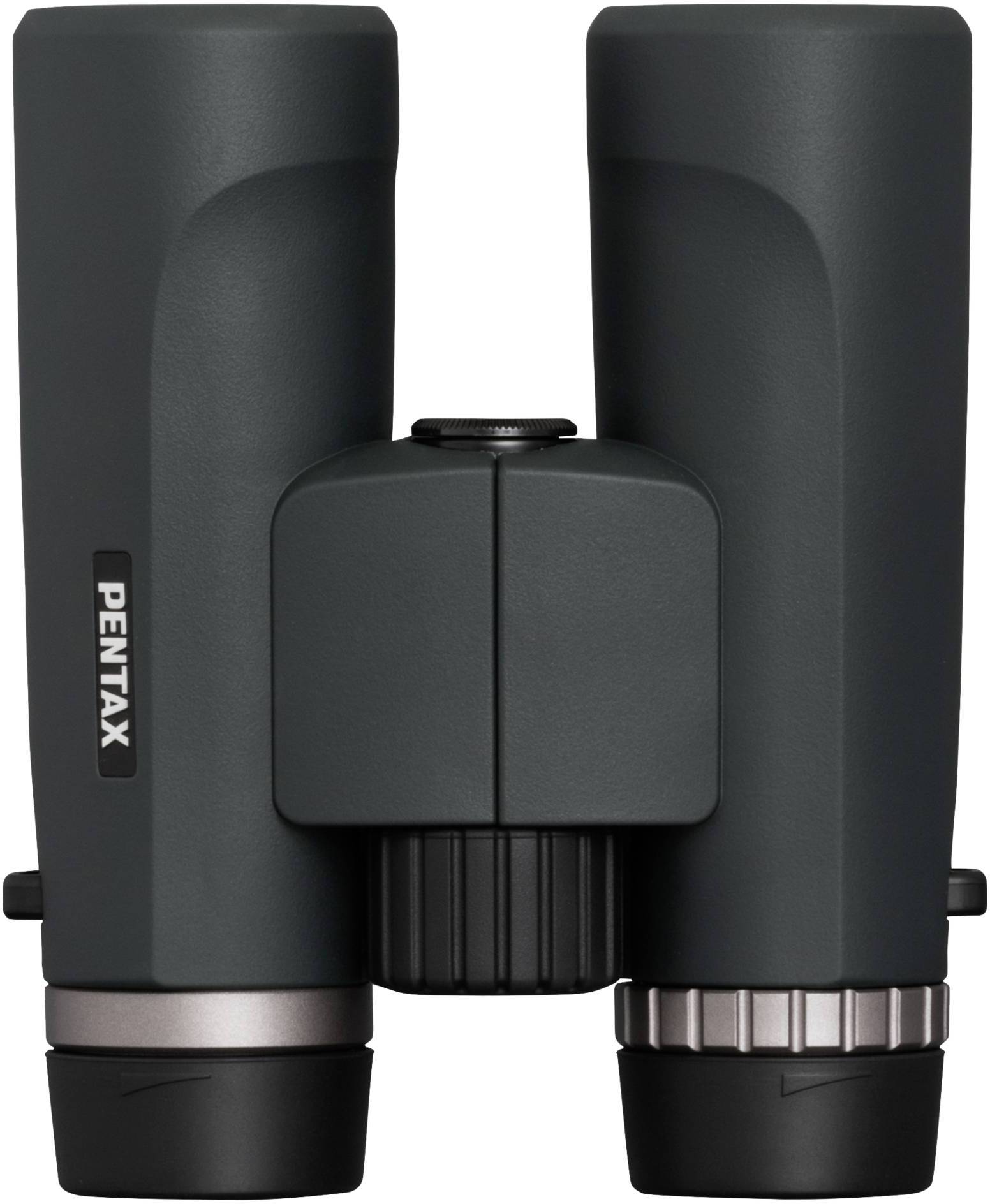 Verrekijker met donkere behuizing, gemarkeerd met 'Pentax', frontaal weergegeven. Perfect voor buitenactiviteiten.