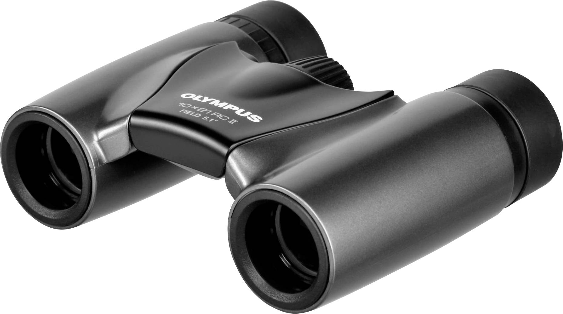 Een zwarte verrekijker, model 'Olympus 8x21 DPC I', ligt tegen een witte achtergrond.