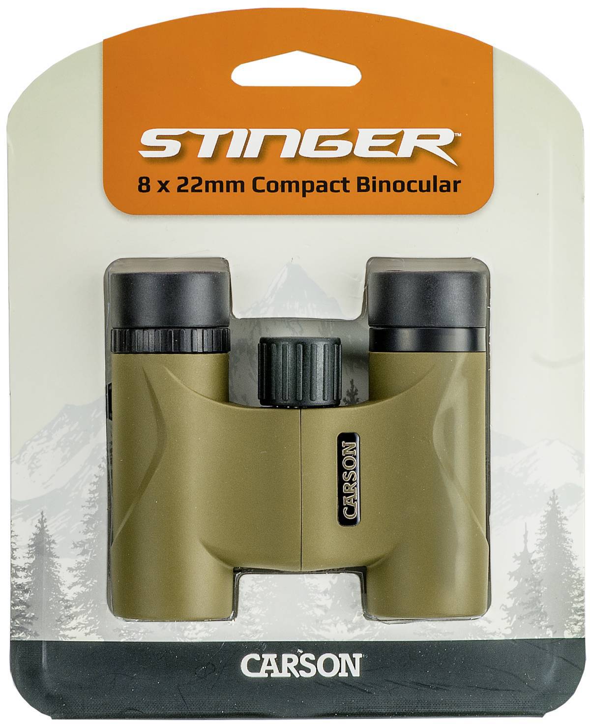 Compacte verrekijker 'STINGER 8 x 22mm' van Carson, afgebeeld in de verpakking. Geschikt voor natuurobservaties.