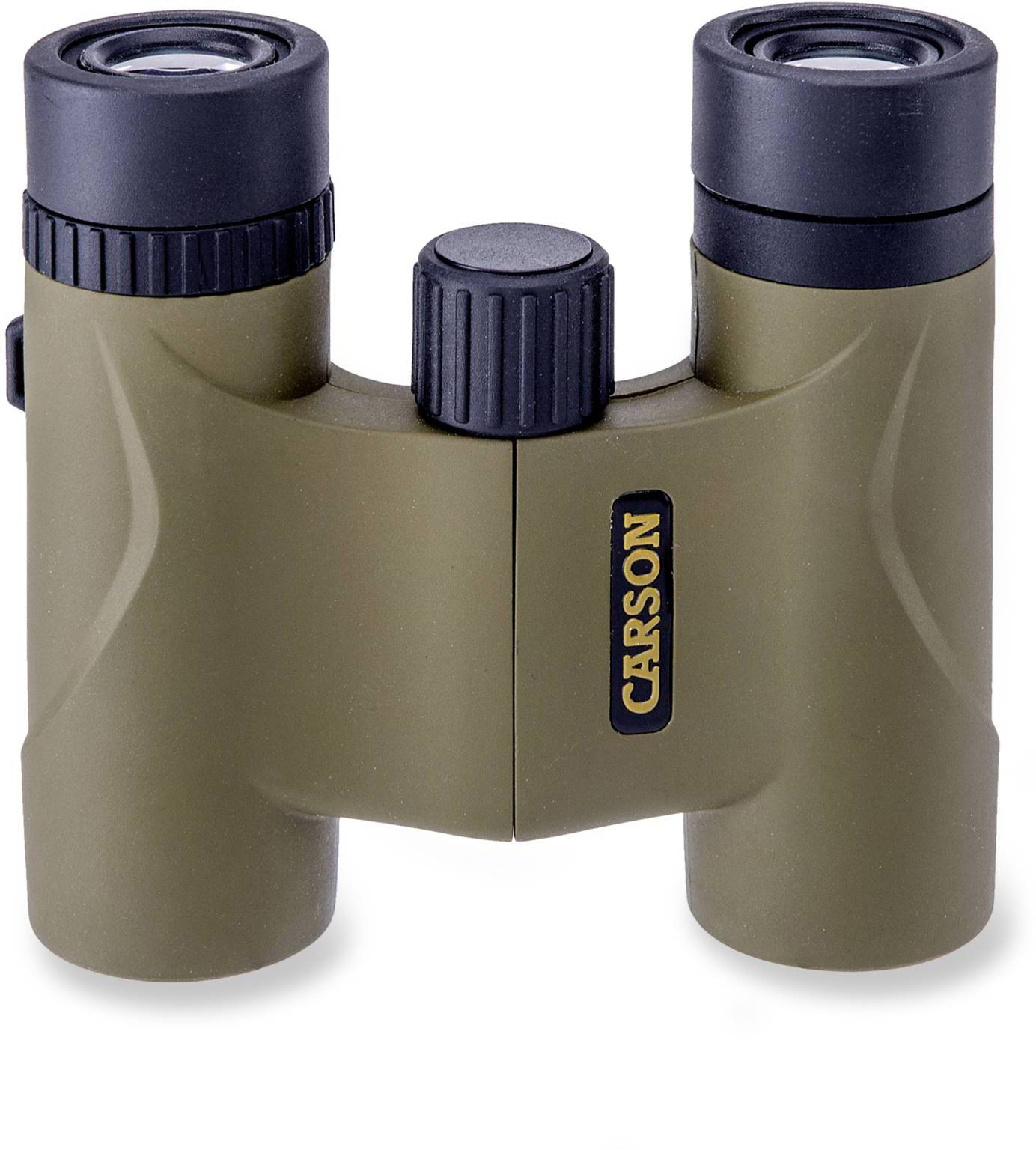 Compacte olijfgroene verrekijker met zwart, slipvast middendeel en oculairs, merknaam 'Carson' aan de zijkant.