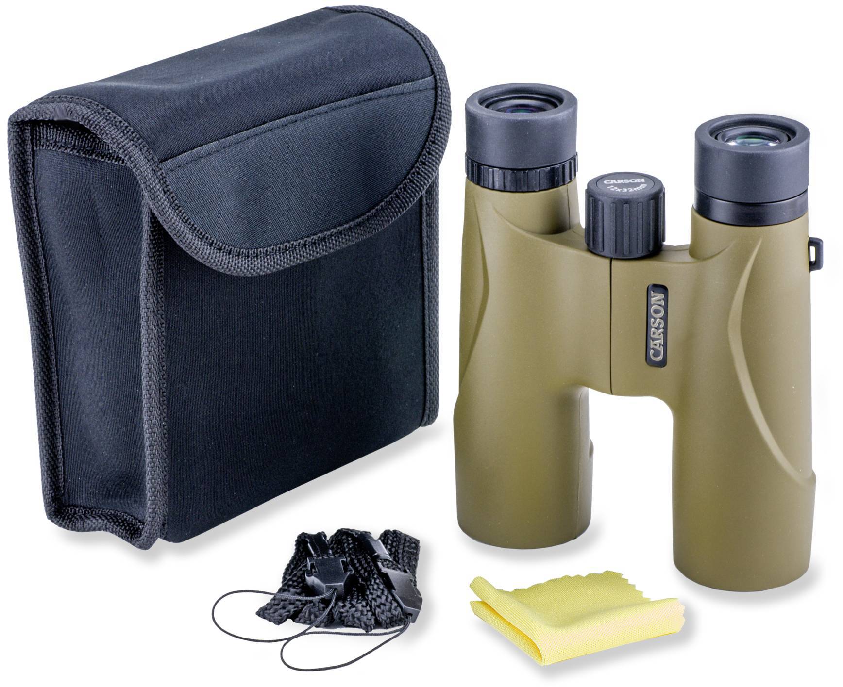 Verrekijker-set met bruine verrekijker, zwarte tas, draagriem en reinigingsdoek. Ideaal voor buitenactiviteiten.