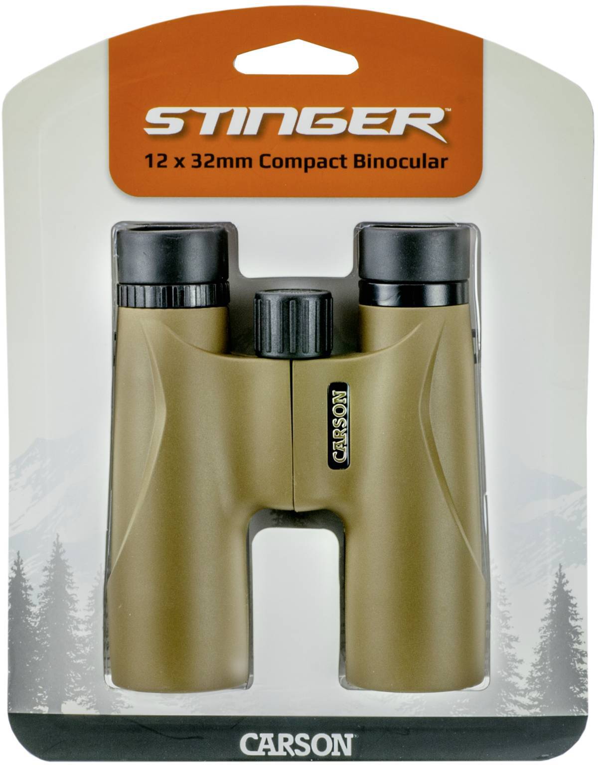 Een compacte, zandkleurige verrekijker van het merk 'Carson Stinger' met de specificatie 12x32mm in een verpakking.