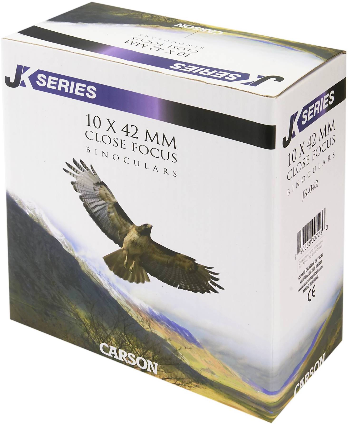 Verpakking van een verrekijker van het merk JK Series met de tekst '10 x 42 mm Close Focus Verrekijker'. Een adelaar vliegt over een berglandschap.