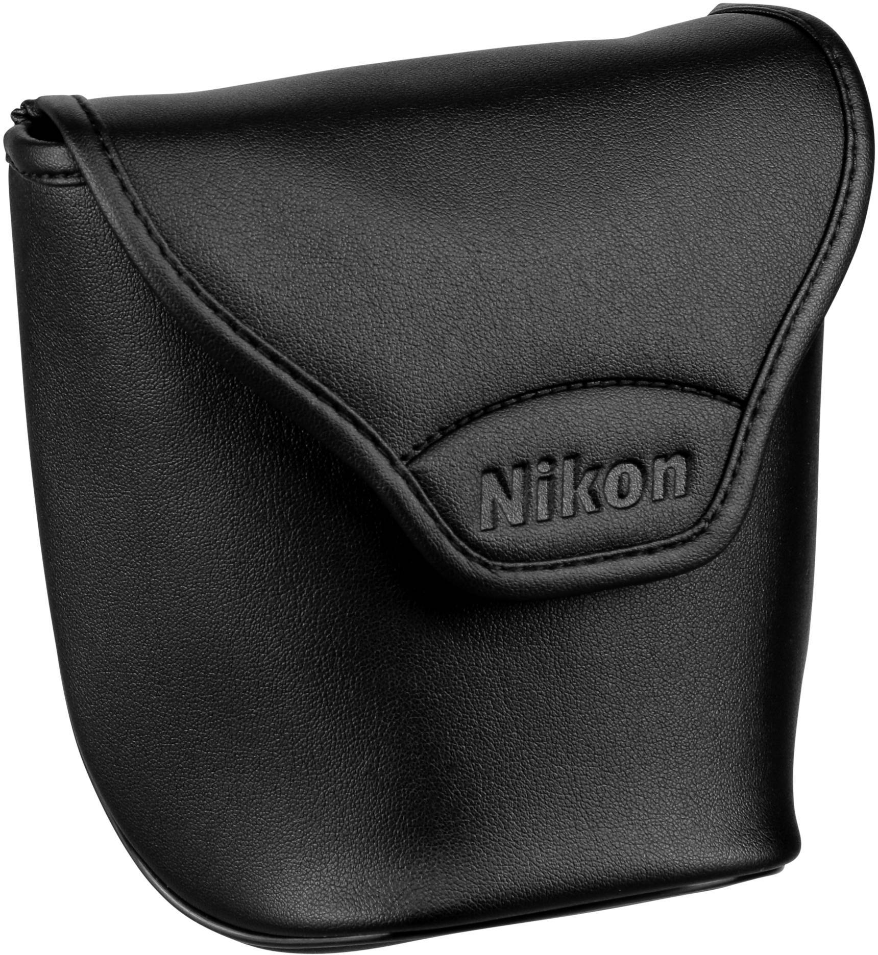 Zwarte cameratas met 'Nikon'-logo op de voorkant, zacht gewatteerd, geschikt voor de bescherming van camera's tijdens transport en opslag.