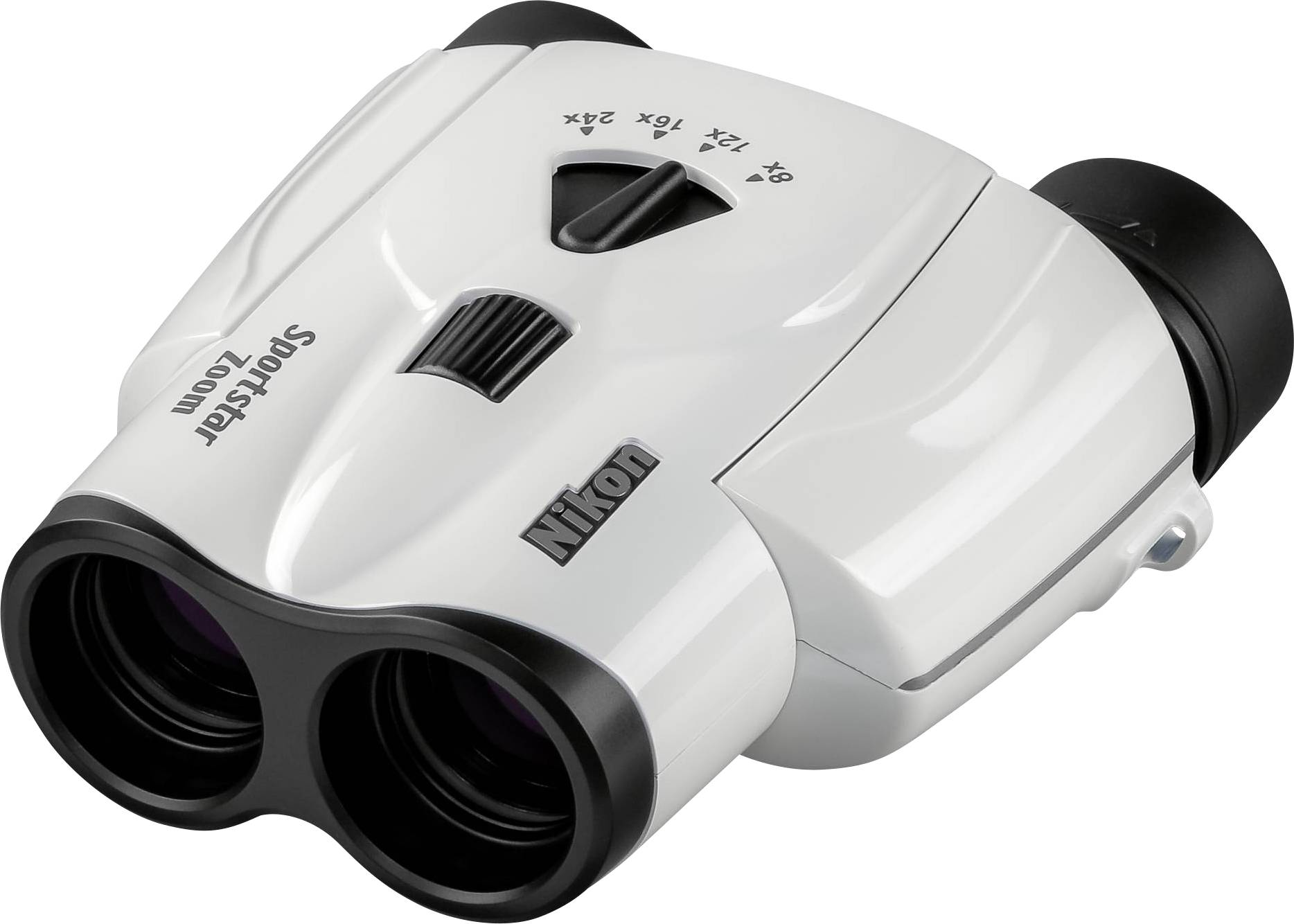 Wit verrekijker met zwart oculair, merknaam 'Nikon' en model 'Sportstar 10x25' op de behuizing. Ideaal voor buitenactiviteiten.