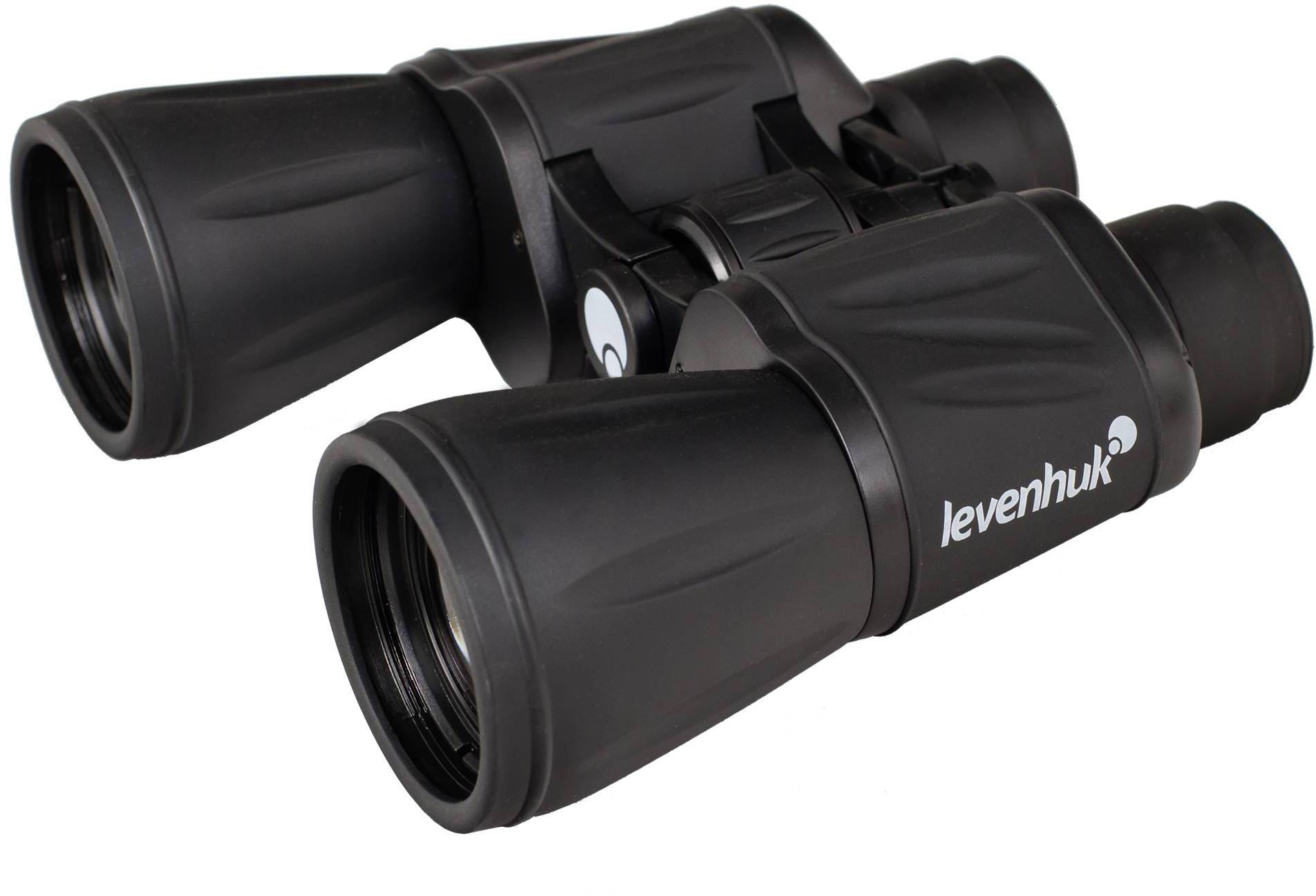 Een zwarte verrekijker van het merk Levenhuk.