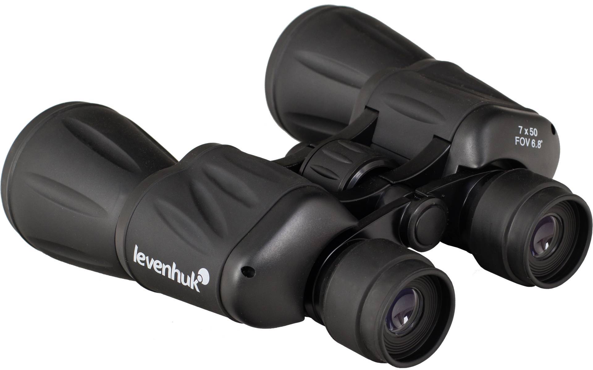 Zwarte verrekijker met het opschrift 'Levenhuk', geschikt voor 7x50 vergroting, ideaal voor natuurobservaties.