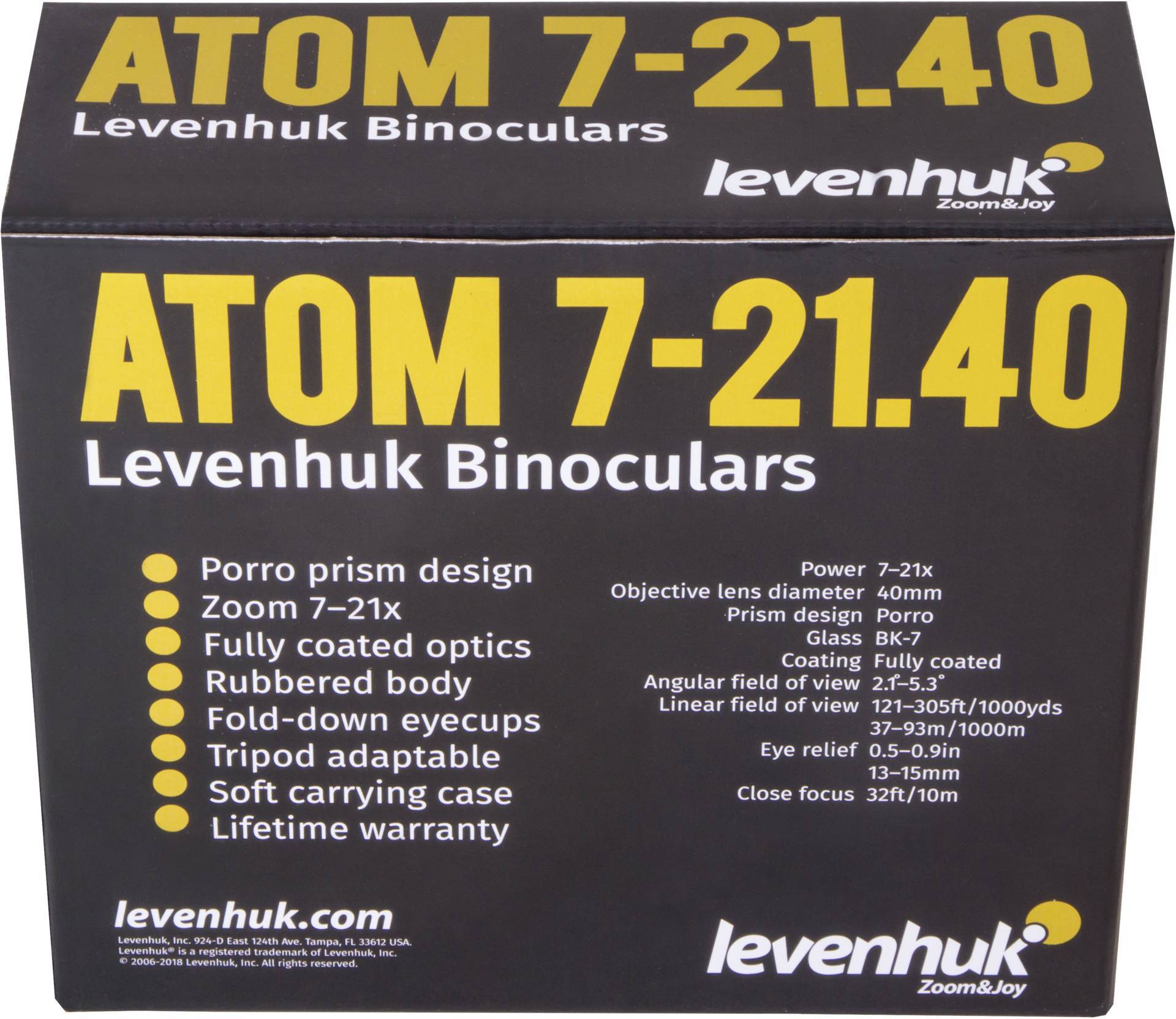 'Zwarte karton met gele tekst: ATOM 7-21.40, Levenhuk Verrekijker. Details: Porro-prisma's, 7-21x zoom, meervoudig gecoat, rubberen behuizing.'