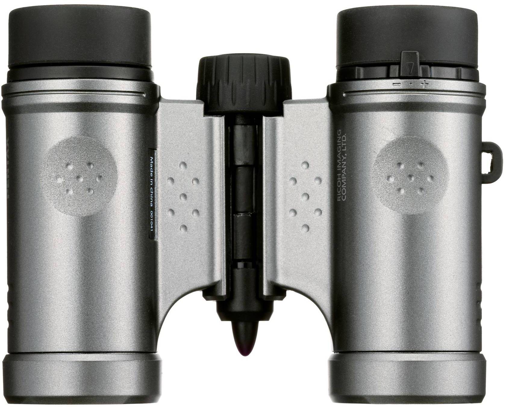 Een zilveren verrekijker met een zwart middenwiel voor scherpstelling, compact en handzaam ontworpen. Geschikt voor buitenactiviteiten.