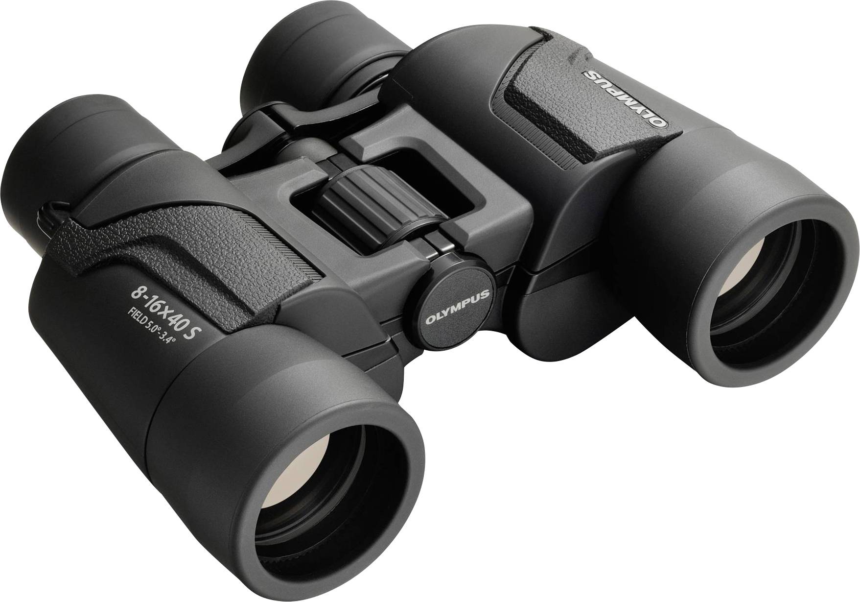 Zwarte verrekijker met opschrift '8-16x40 S'. Geschikt voor natuurobservaties.