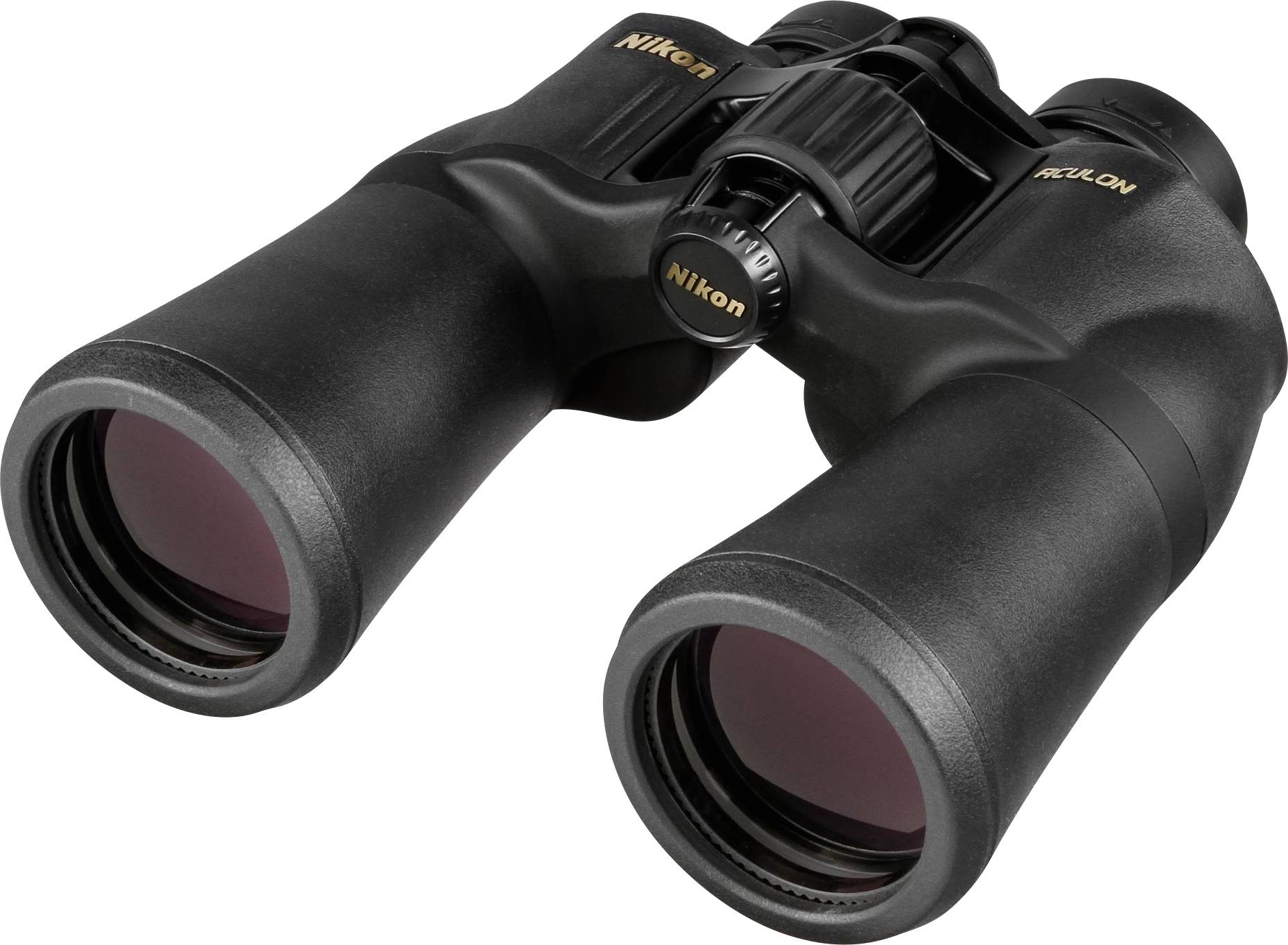 Zwarte verrekijker, bovenaanzicht. Markering met 'Nikon Aculon' naast oculairs.