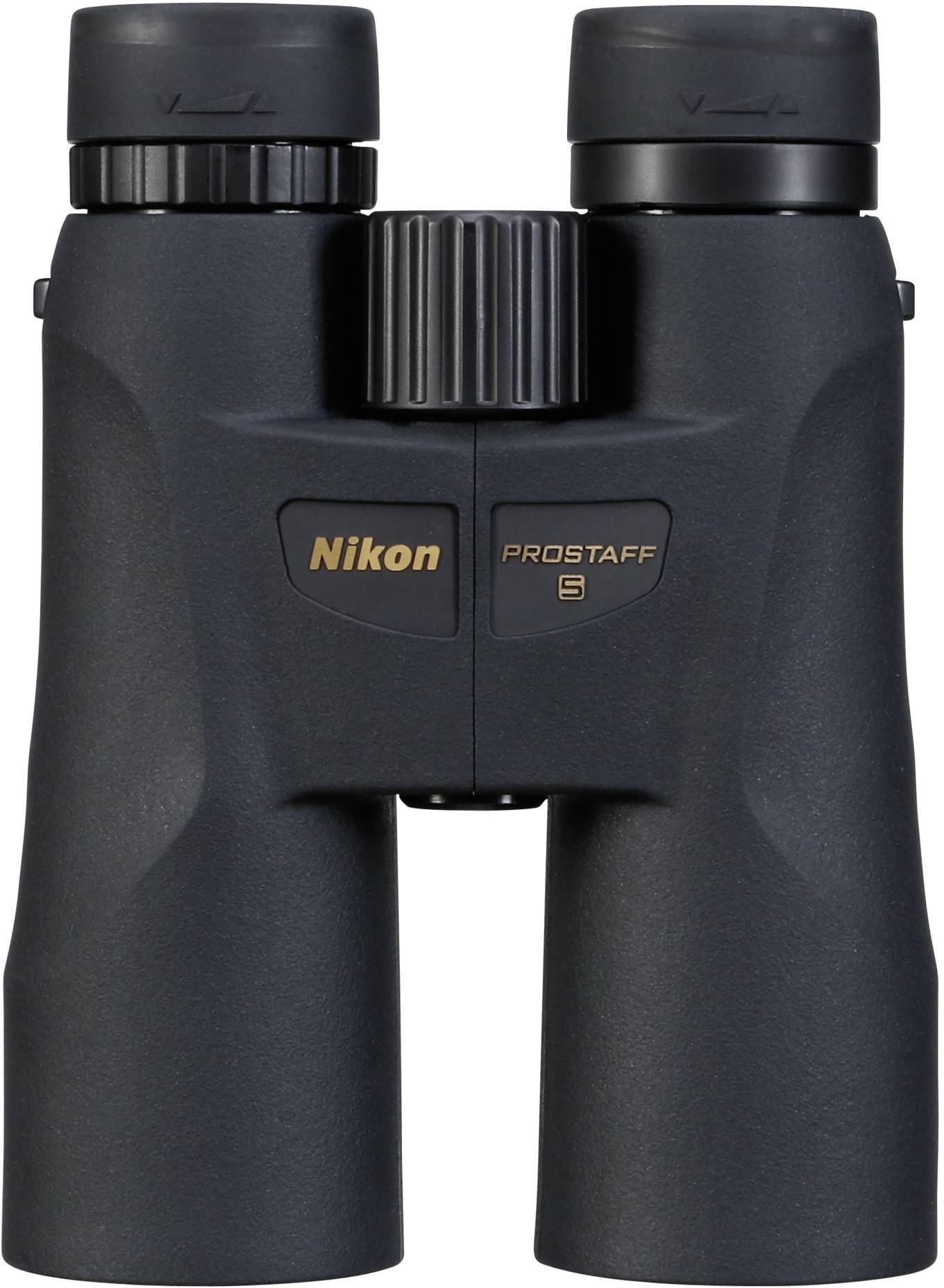 Verrekijker van Nikon, model Prostaff 5, in donkere kleur. Vooraanzicht toont oculairs en scherpstelwiel voor een heldere blik.