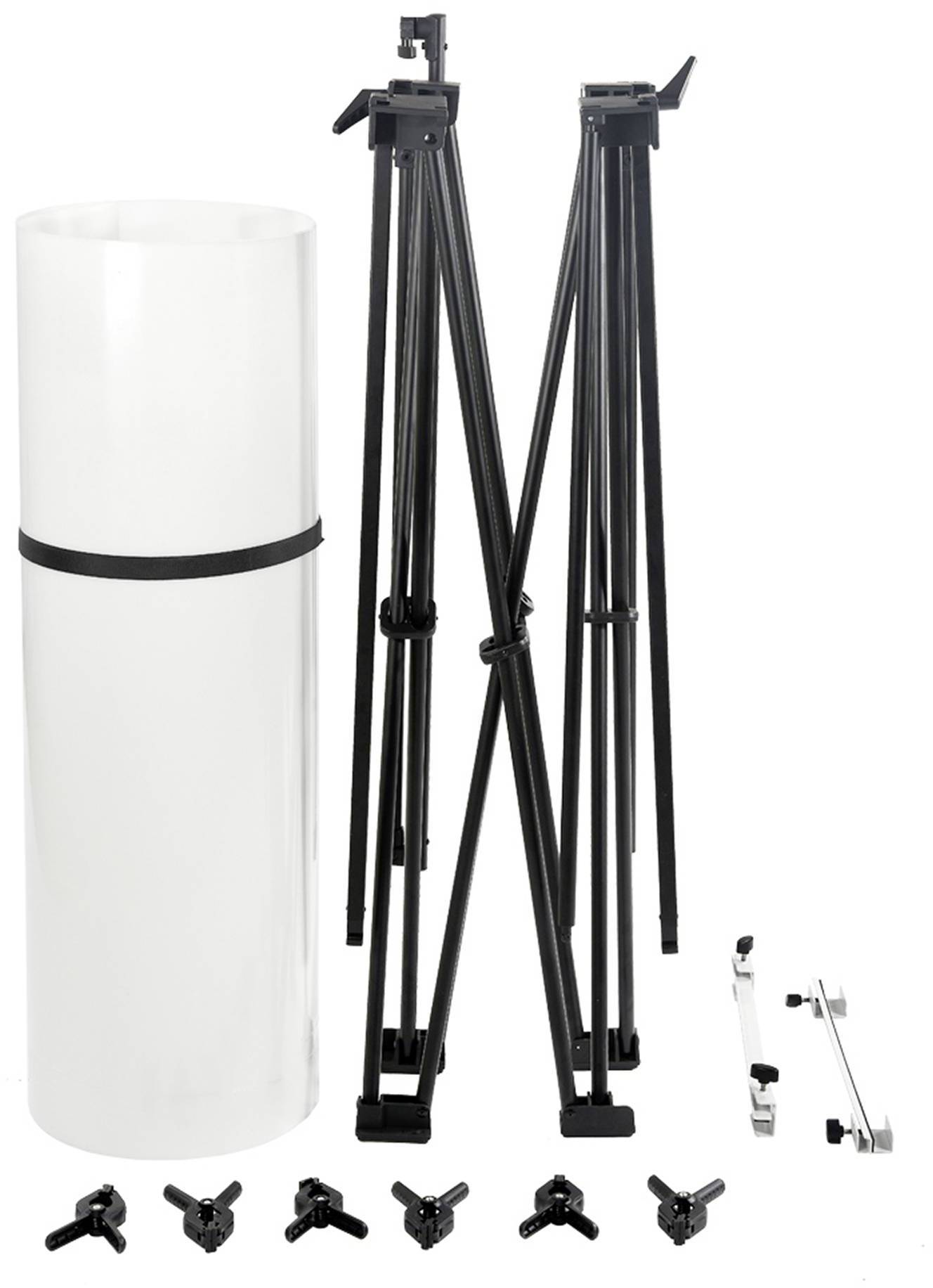 Fotostudio-achtergrondstysteem met opvouwbare standaard, witte achtergrondrol en bevestigingsklemmen. Ideaal voor professionele opnamen.