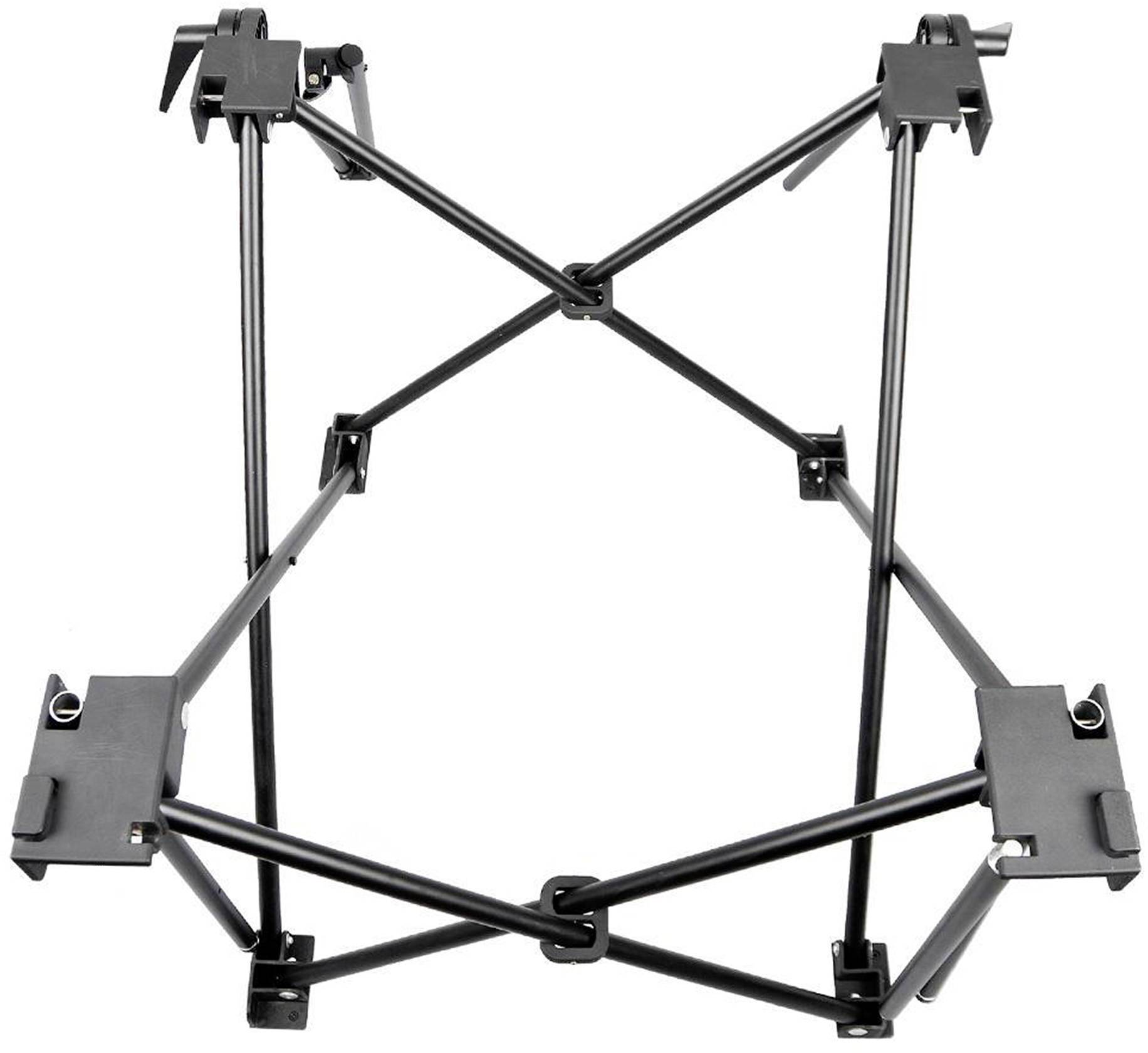 Een zwarte, opvouwbare metalen standaard zonder zichtbare objecten erop, vermoedelijk bedoeld ter ondersteuning of om iets te dragen.