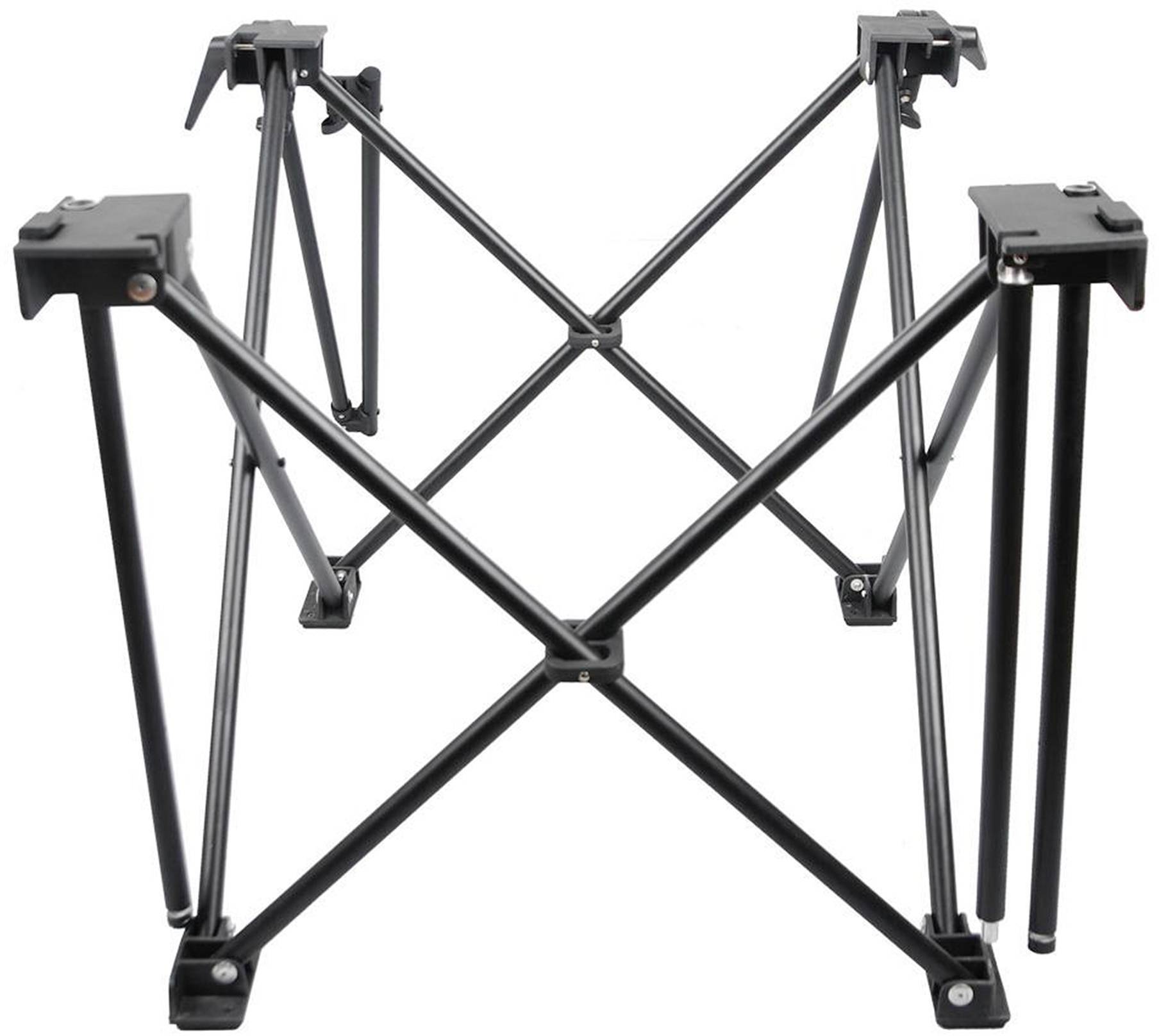 'Een zwart, opvouwbaar metalen frame dat typisch wordt gebruikt als onderstel voor tafelbladen.'