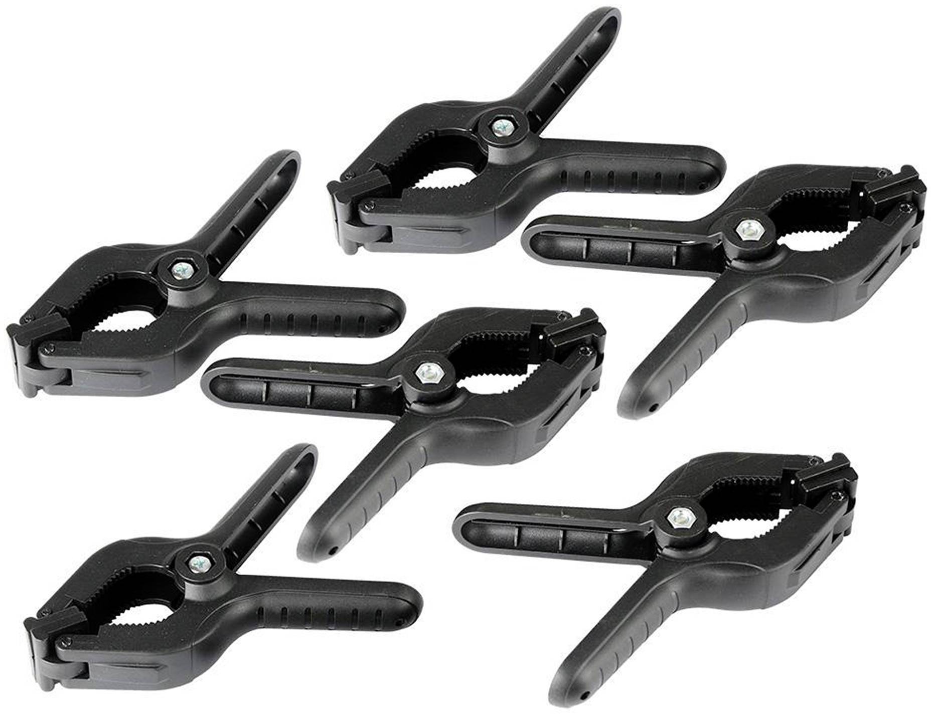 Vijf zwarte kunststof klemmen met getande bekken en schroefbevestiging, weergegeven in een versprongen configuratie.