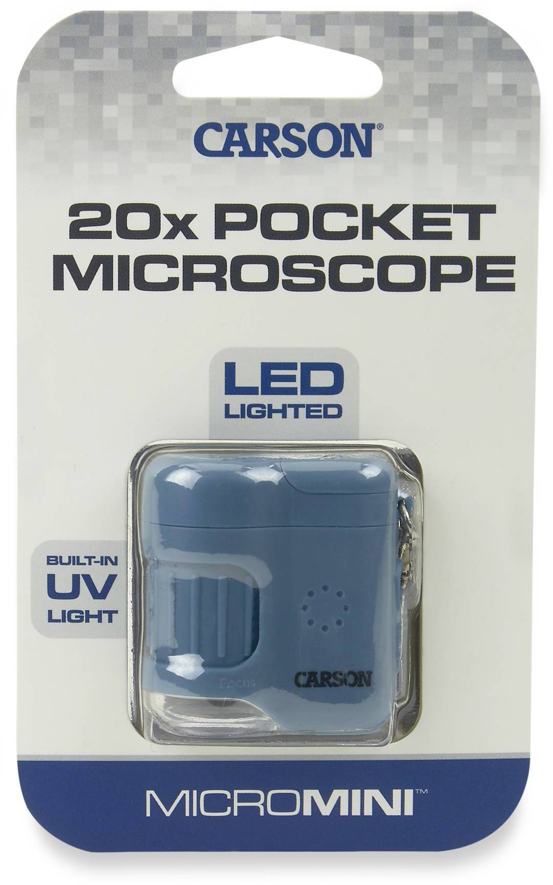 'Carson 20x Pocket Microscope' in verpakking, blauw, met LED-verlichting en geïntegreerde UV-lichtfunctie. Ideaal voor mobiel gebruik.