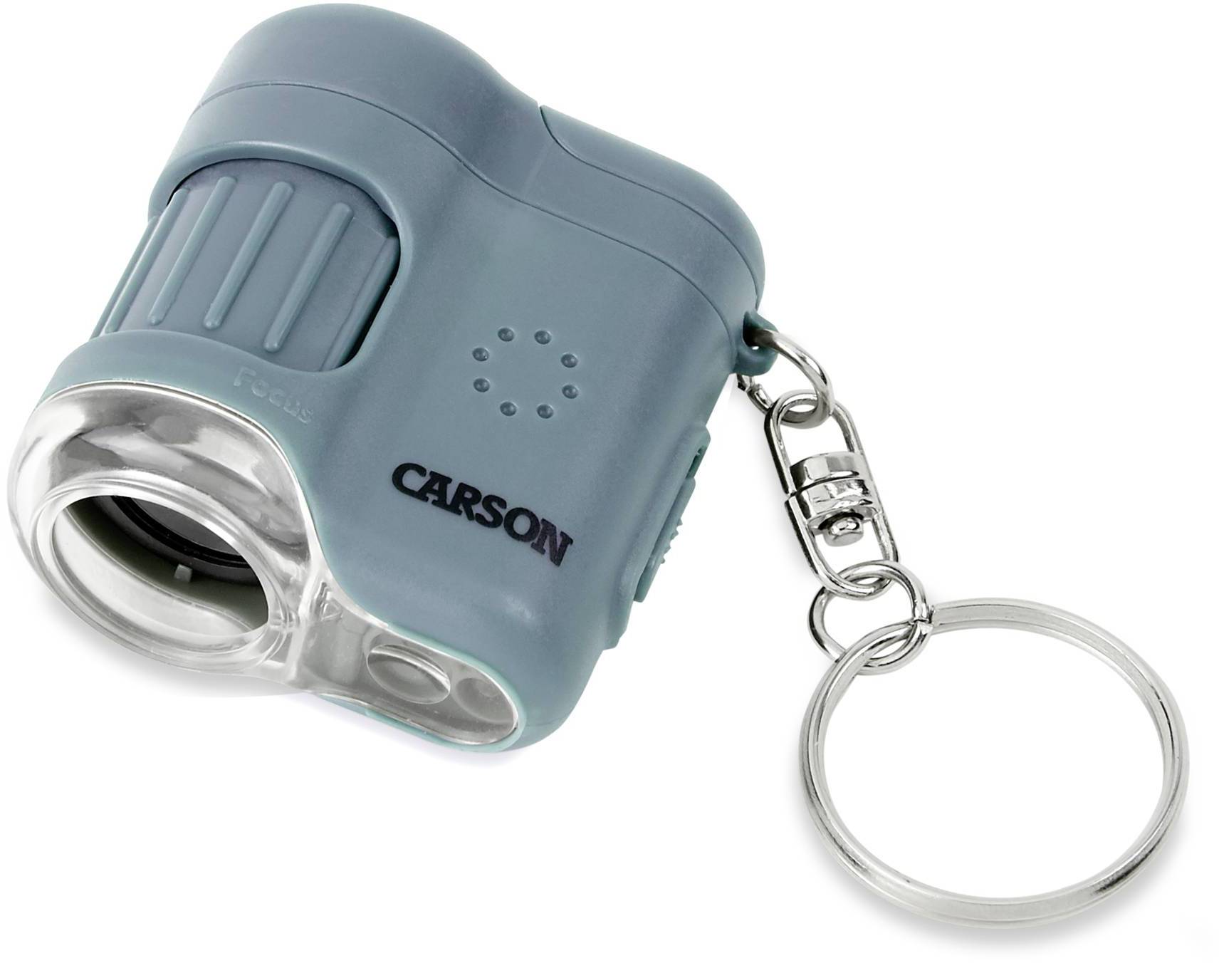 Blauwe sleutelhanger-vergrootglas met zilveren ring en 'Carson'-logo. Compact met transparant, verlicht vergrootglas.