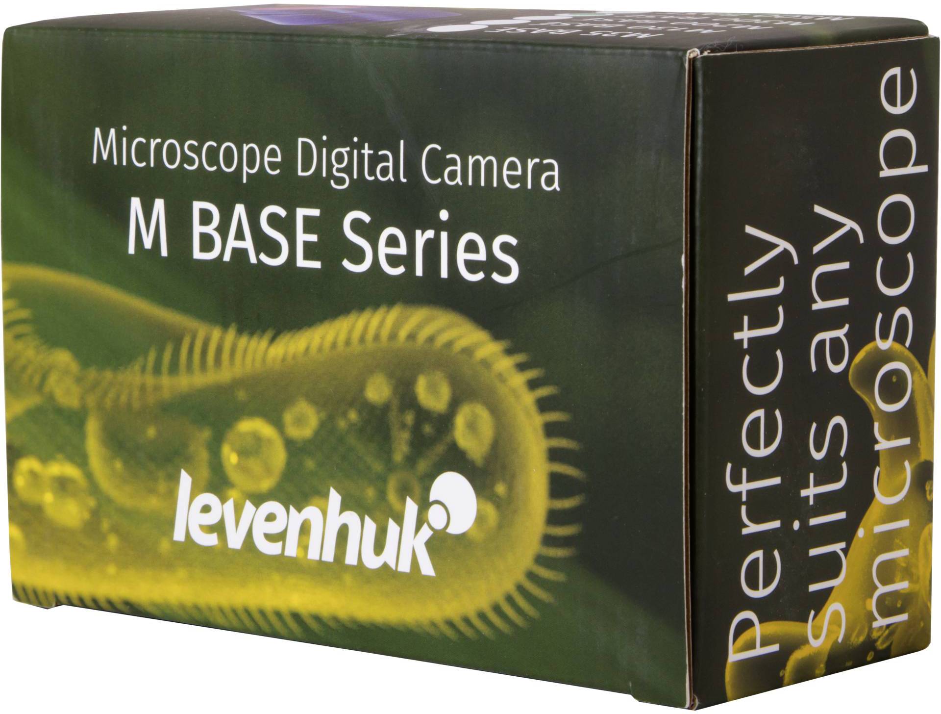 Verpakking van een digitale microscoopcamera uit de M Base-serie van Levenhuk. Opdruk benadrukt de compatibiliteit met microscopen.