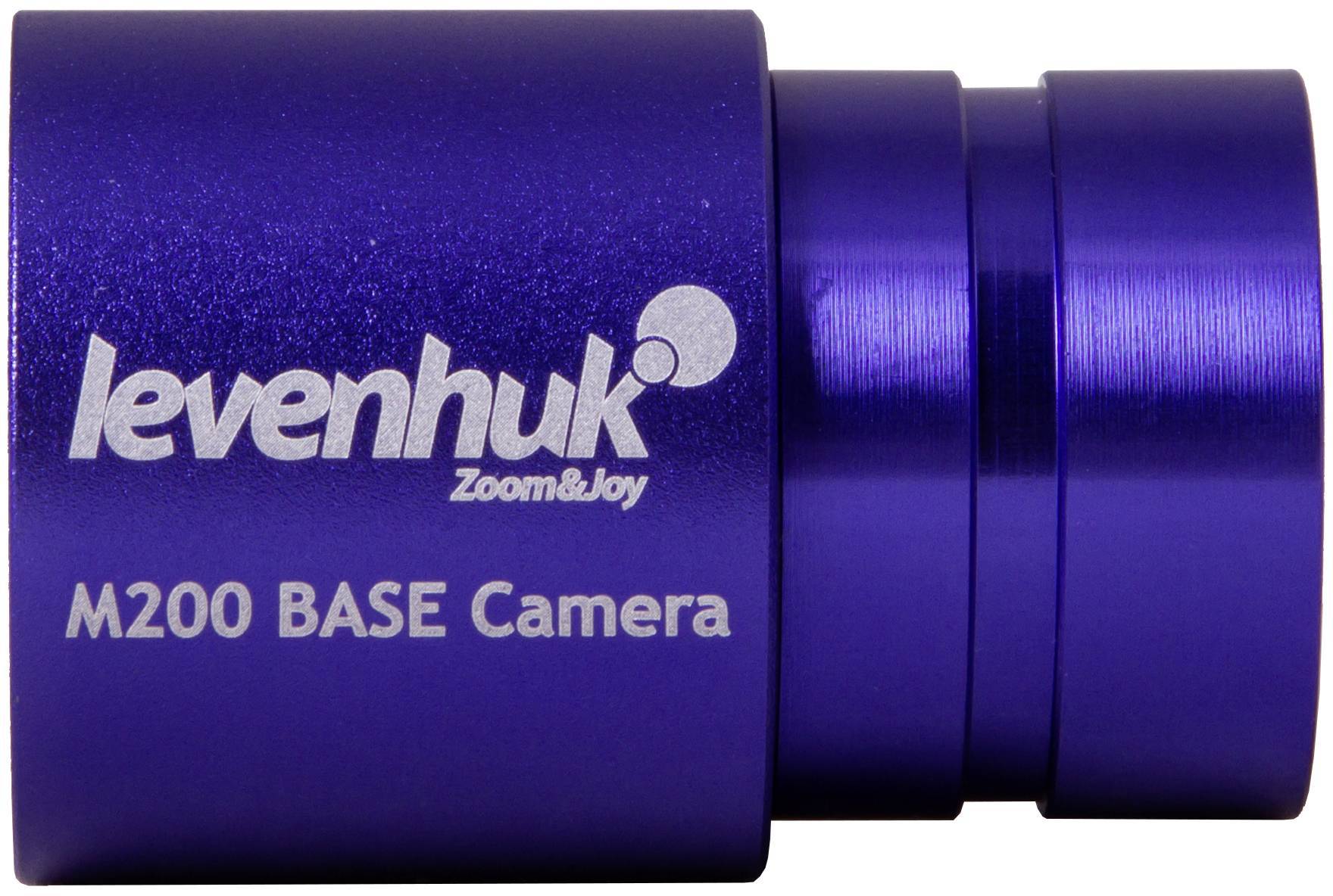 Blauwe camera met het opschrift 'levenhuk Zoom&Joy M200 BASE Camera'.