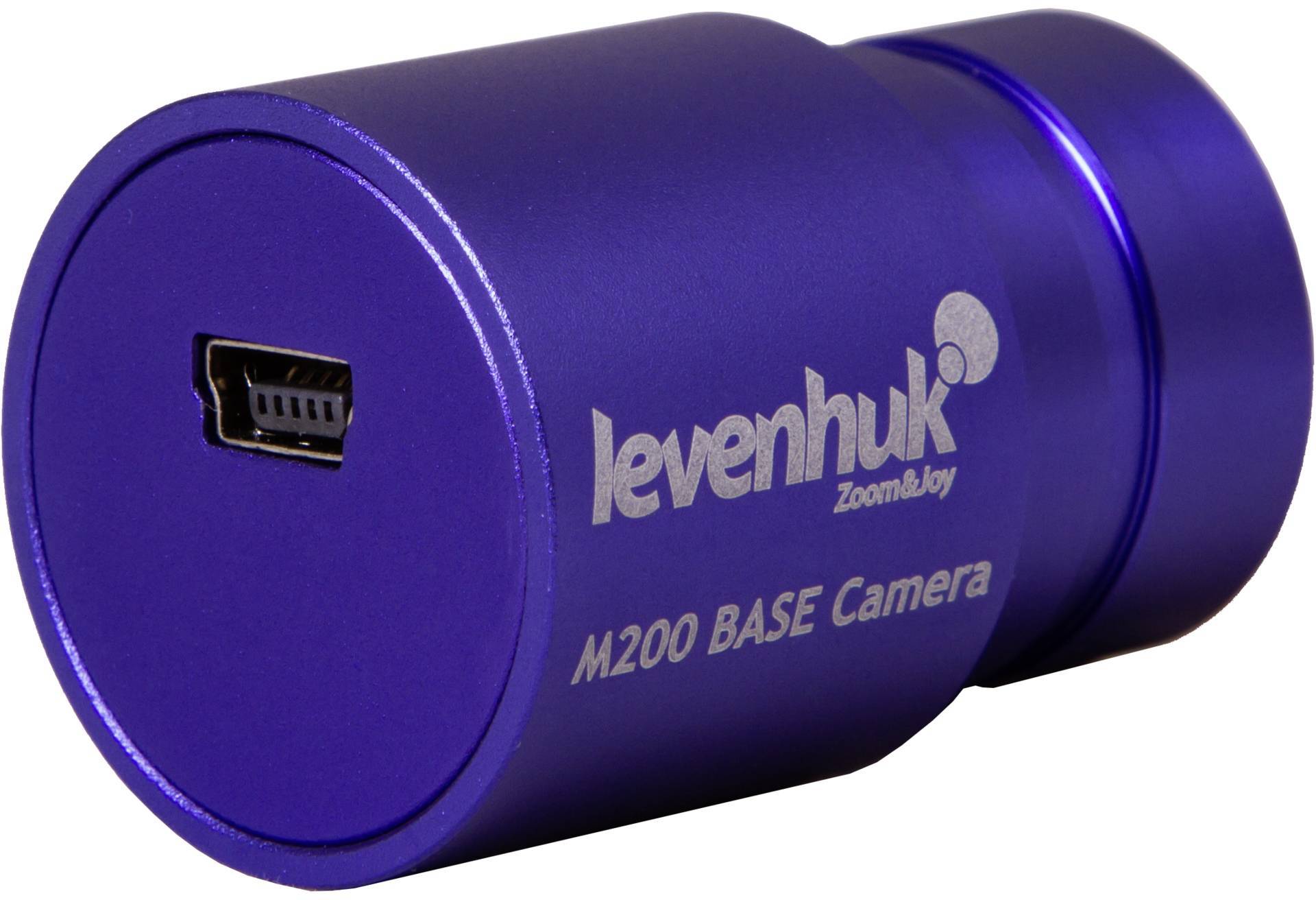 Blauwe digitale microscoopcamera met USB-aansluiting, merk 'Levenhuk', model 'M200 BASE'.