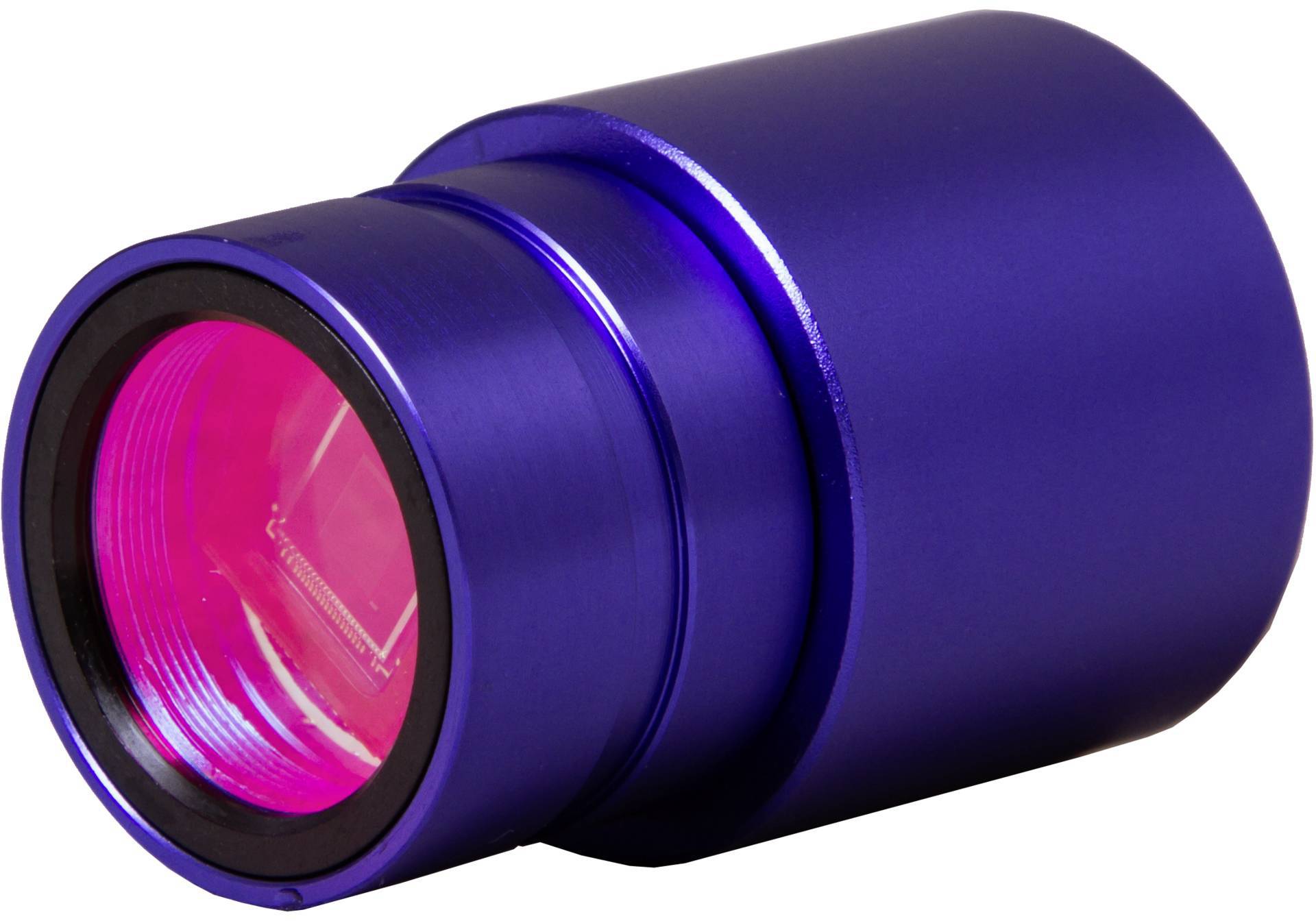 Een blauw cilindrisch objectief met een rood filter, gebruikt voor optische of fotografische apparaten.