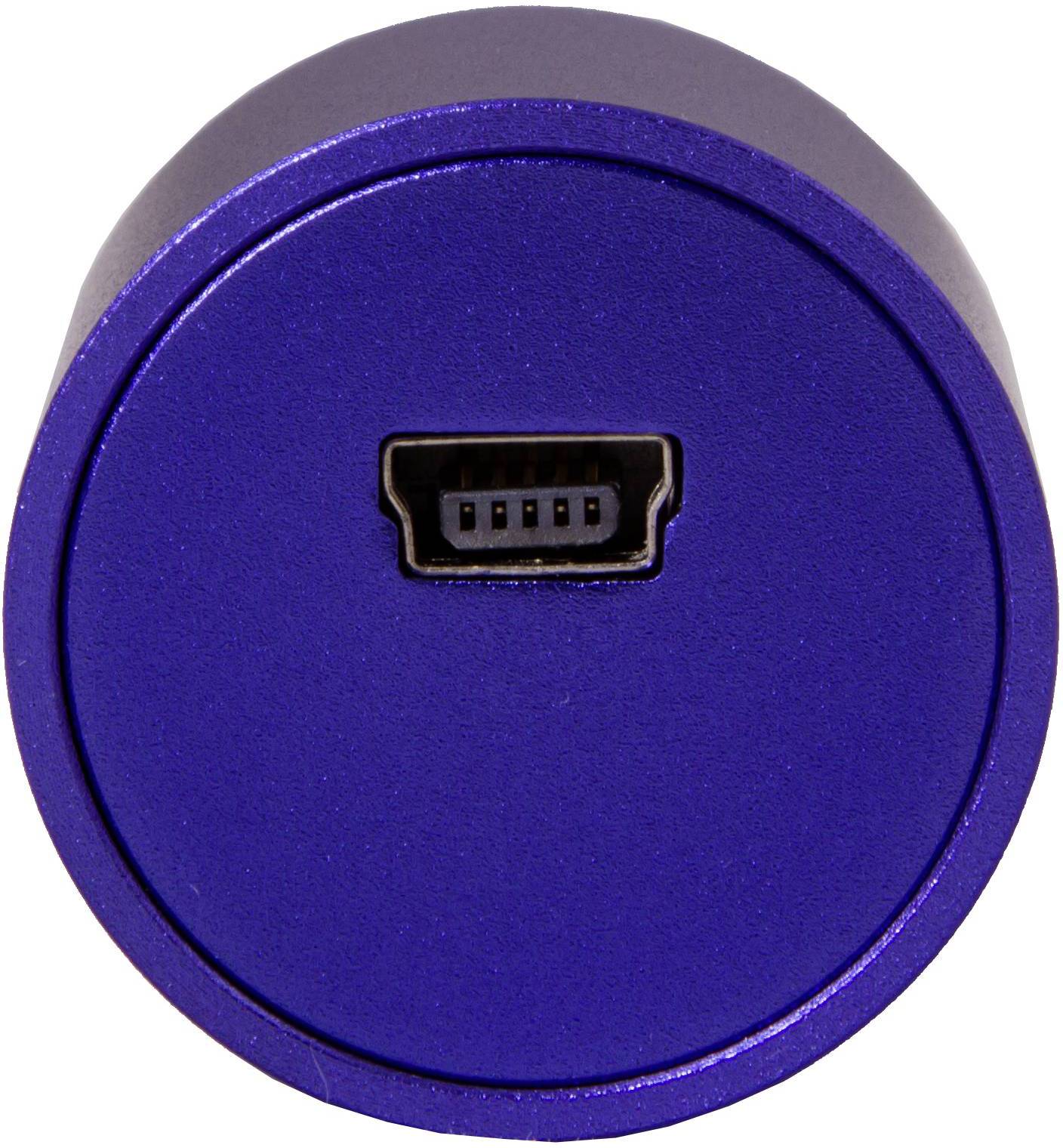 Een blauwe ronde adapter met een Micro-USB-aansluiting in het midden.