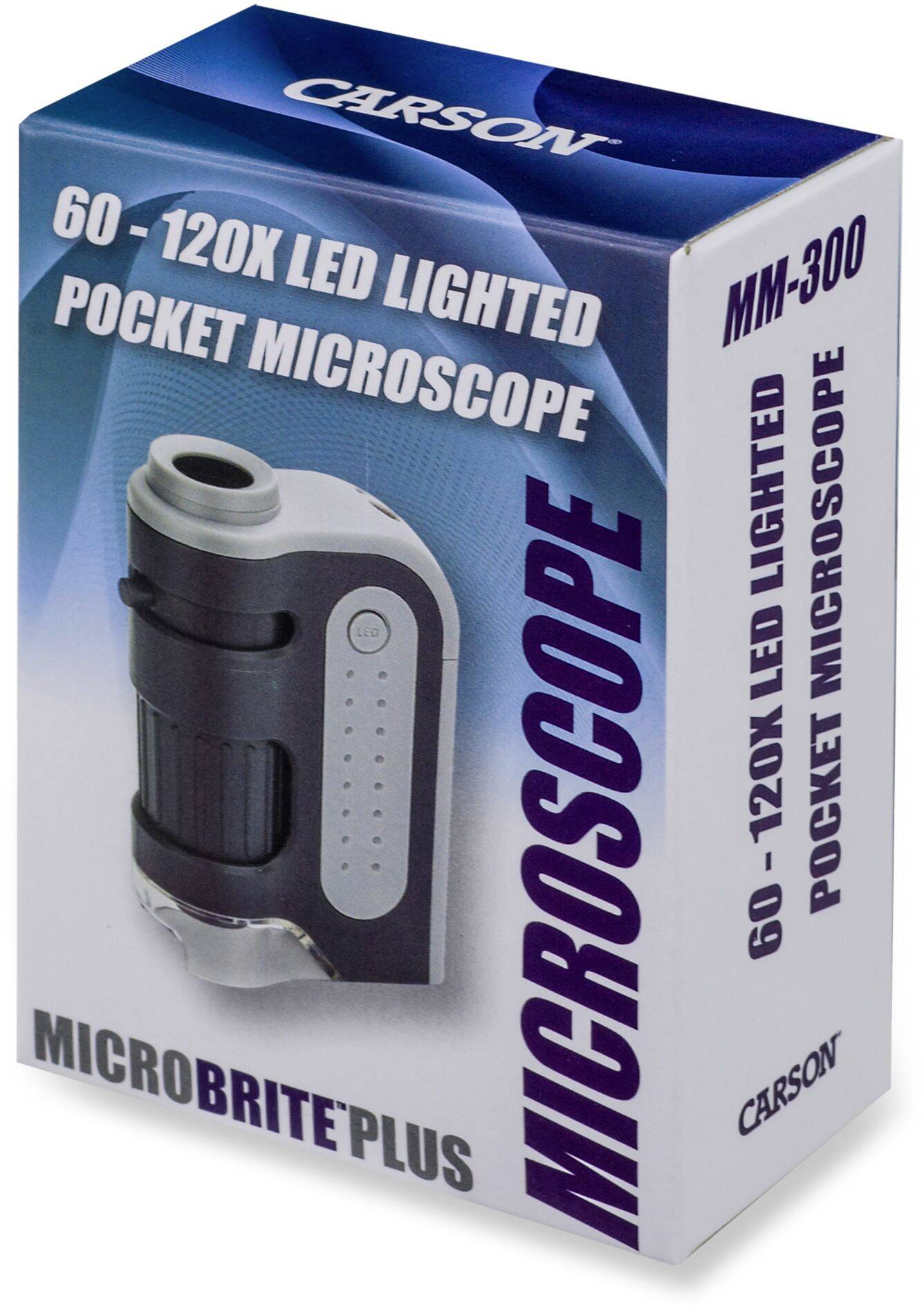 'Carson MicroBrite Plus' verpakking van een 60-120x LED-verlicht zakformaat microscoop, afbeelding van de microscoop op een blauwe achtergrond.
