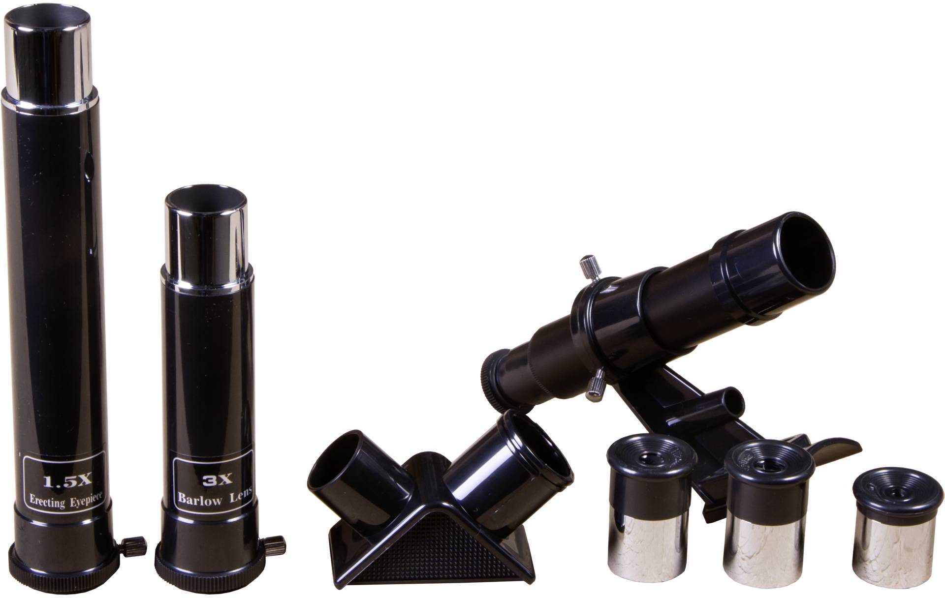 Een zwarte telescoop-set met verschillende oculairs en lenzen, inclusief 1,5x en 3x Barlow-objectieven, op een witte achtergrond.